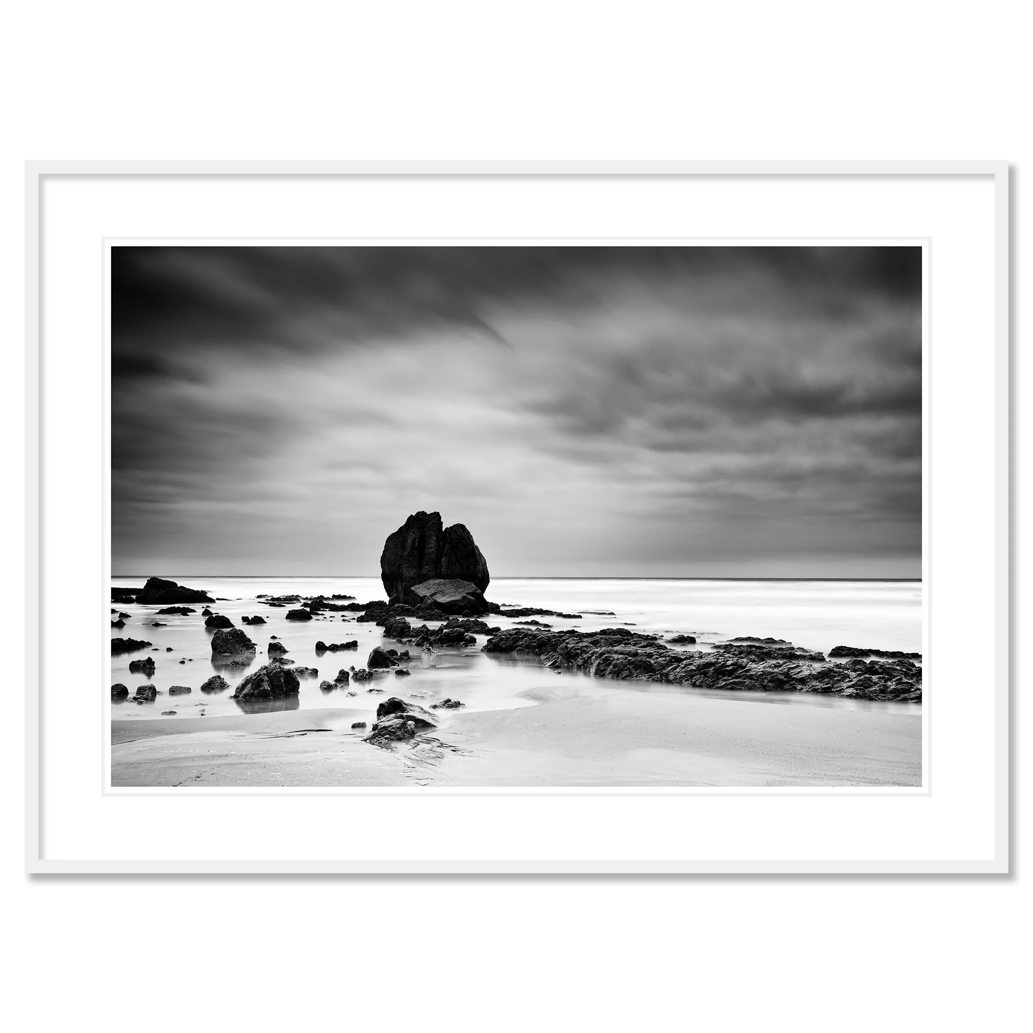Rocks on the Shore Study 1 by Gerald Berghammer, black-and-white fine art print in a white aluminium frame with white mount.
