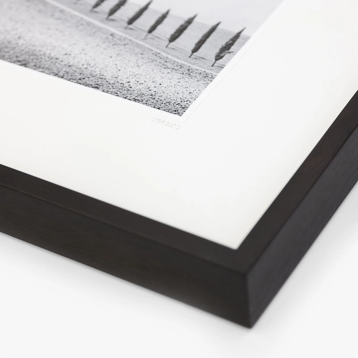 Detail of the edition number and archival mount in the framed photograph Row of Cypress Trees 1 by Gerald Berghammer.