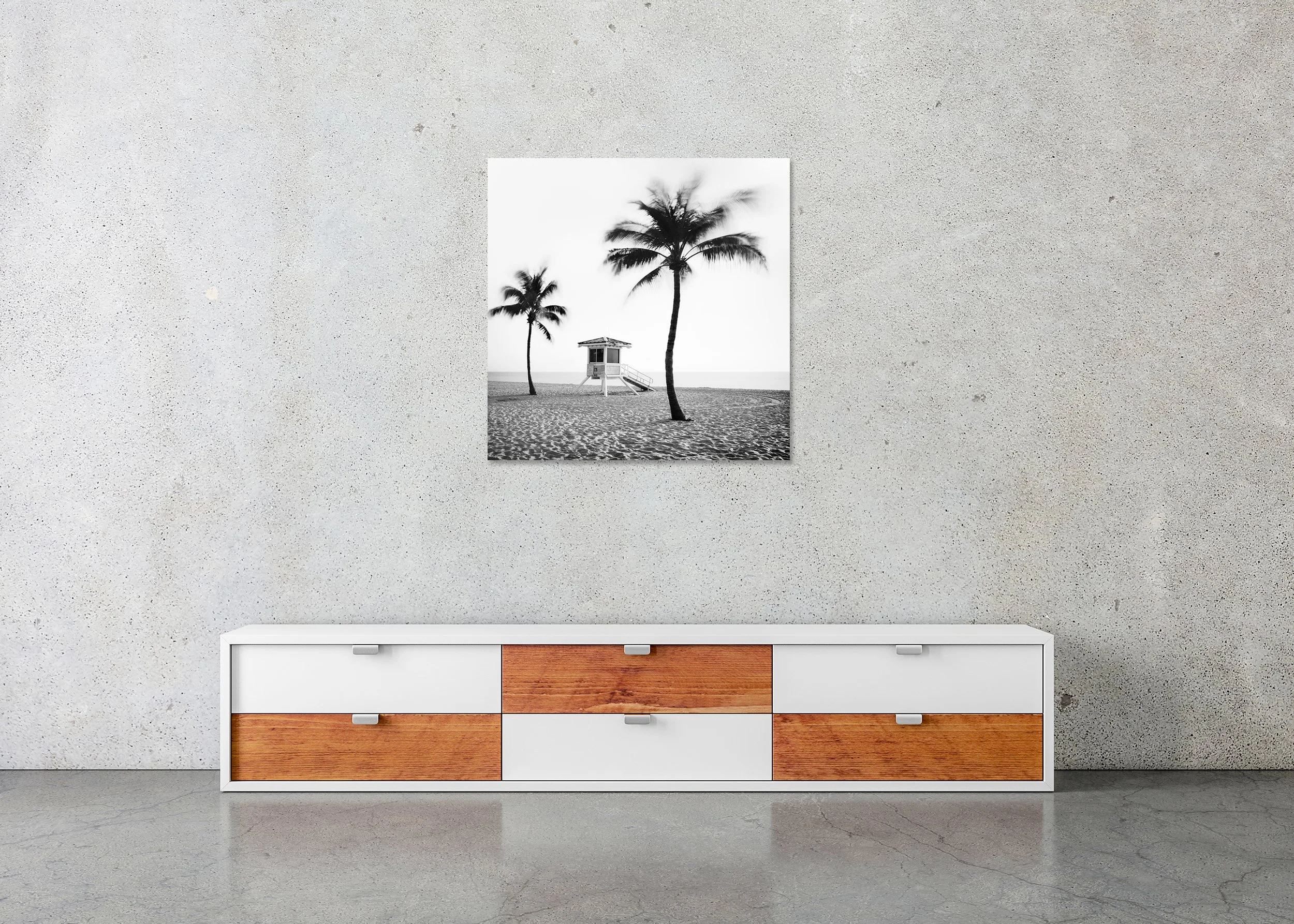 Fort Lauderdale Beach, Study 4 by Gerald Berghammer, frameless black-and-white fine art photograph mounted on aluminium Dibond and displayed above a low cabinet.