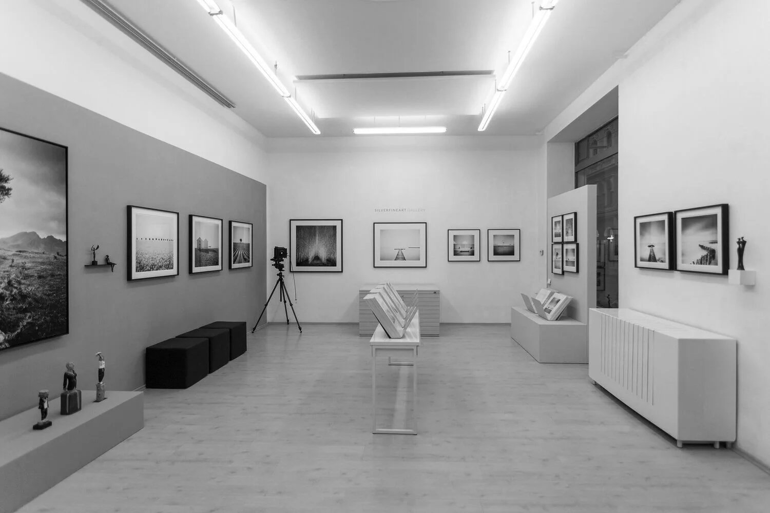 Interior view of SILVERFINEART Gallery in Vienna, featuring black-and-white photographs by Gerald Berghammer.