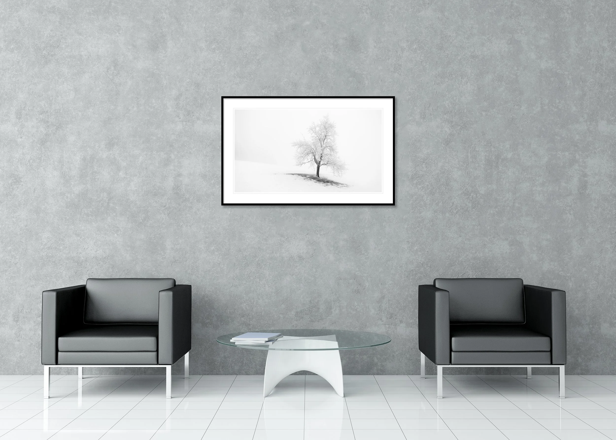 Frosted Winter Tree Panorama displayed in a modern interior as an archival pigment print in a black aluminium frame with a white mount by Gerald Berghammer.