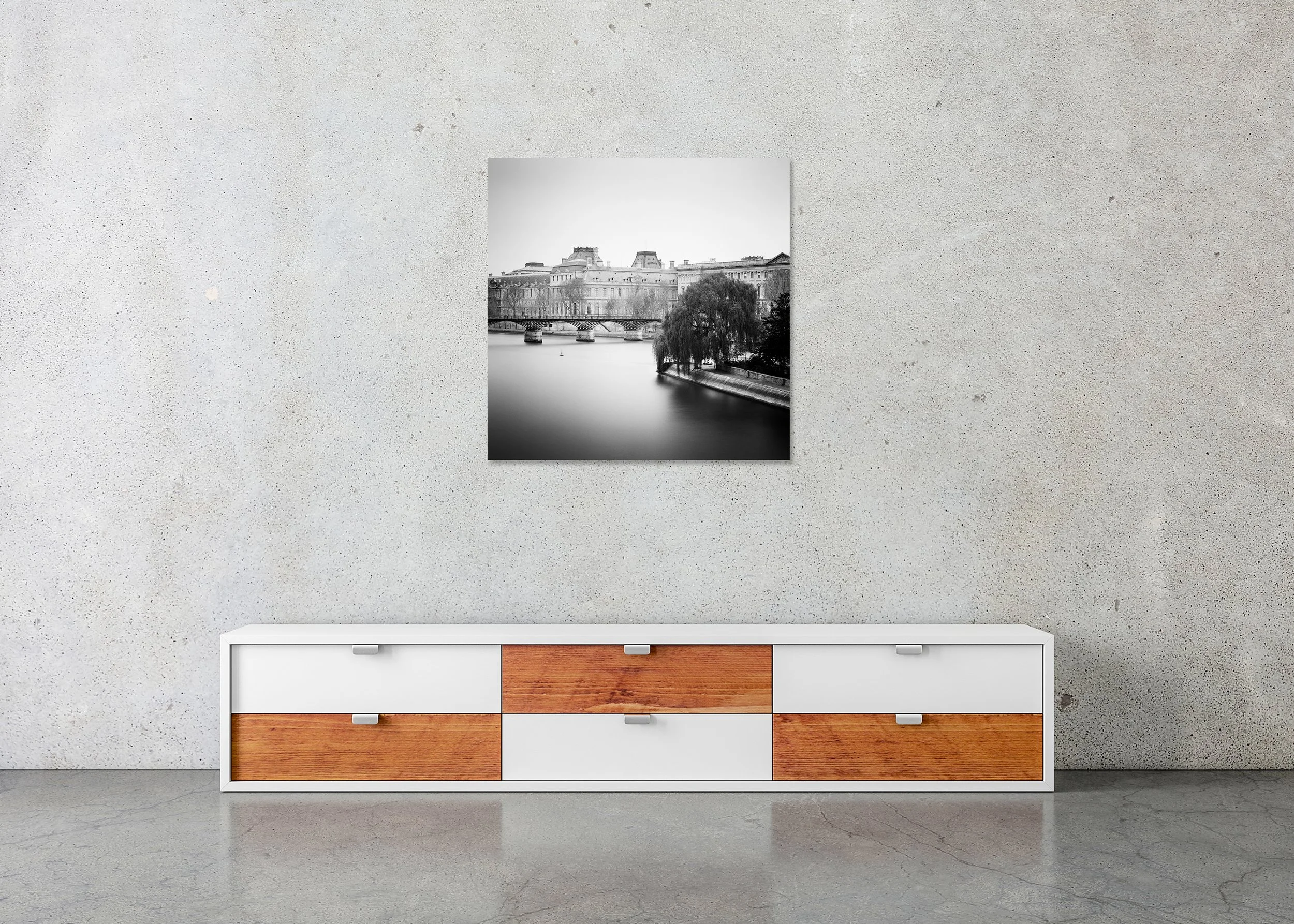 Pont Neuf, Study 1 – frameless black-and-white photograph on aluminium Dibond displayed above a low cabinet.