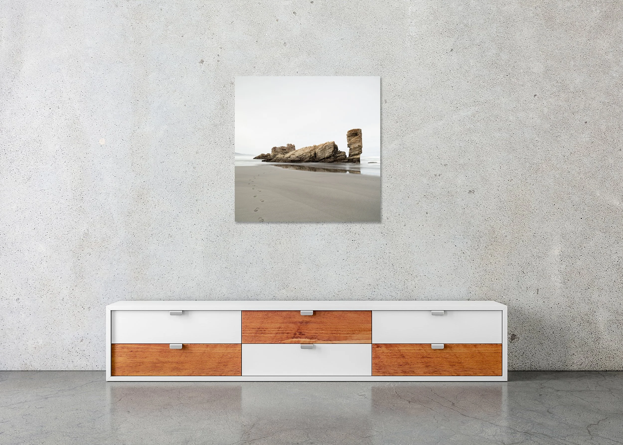 Walk on the Beach – Bay of Biscay, Spain, colour photo print mounted to frameless Dibond on a wall