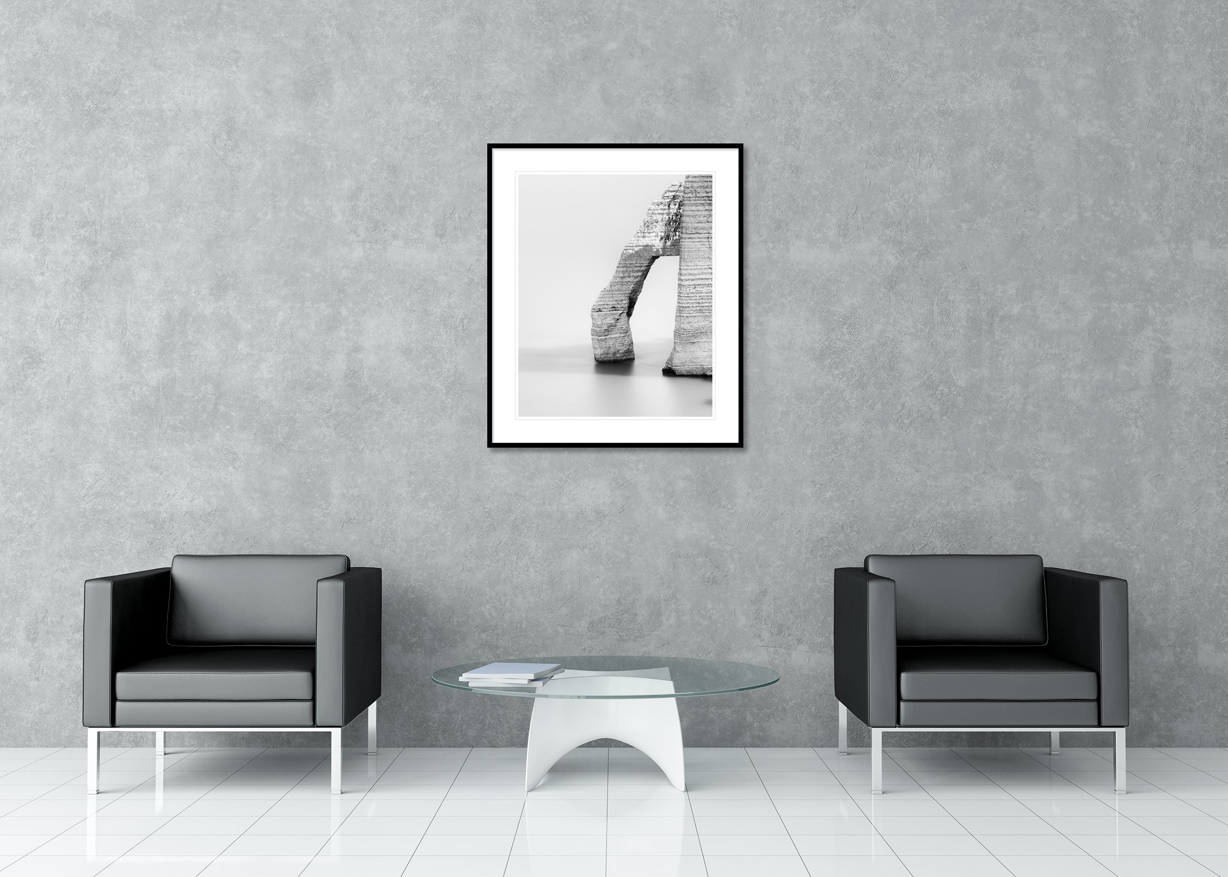 Minimalist black and white stone arch archival pigment print in a classic frame with mount, featuring layered texture and a calm contemporary look.