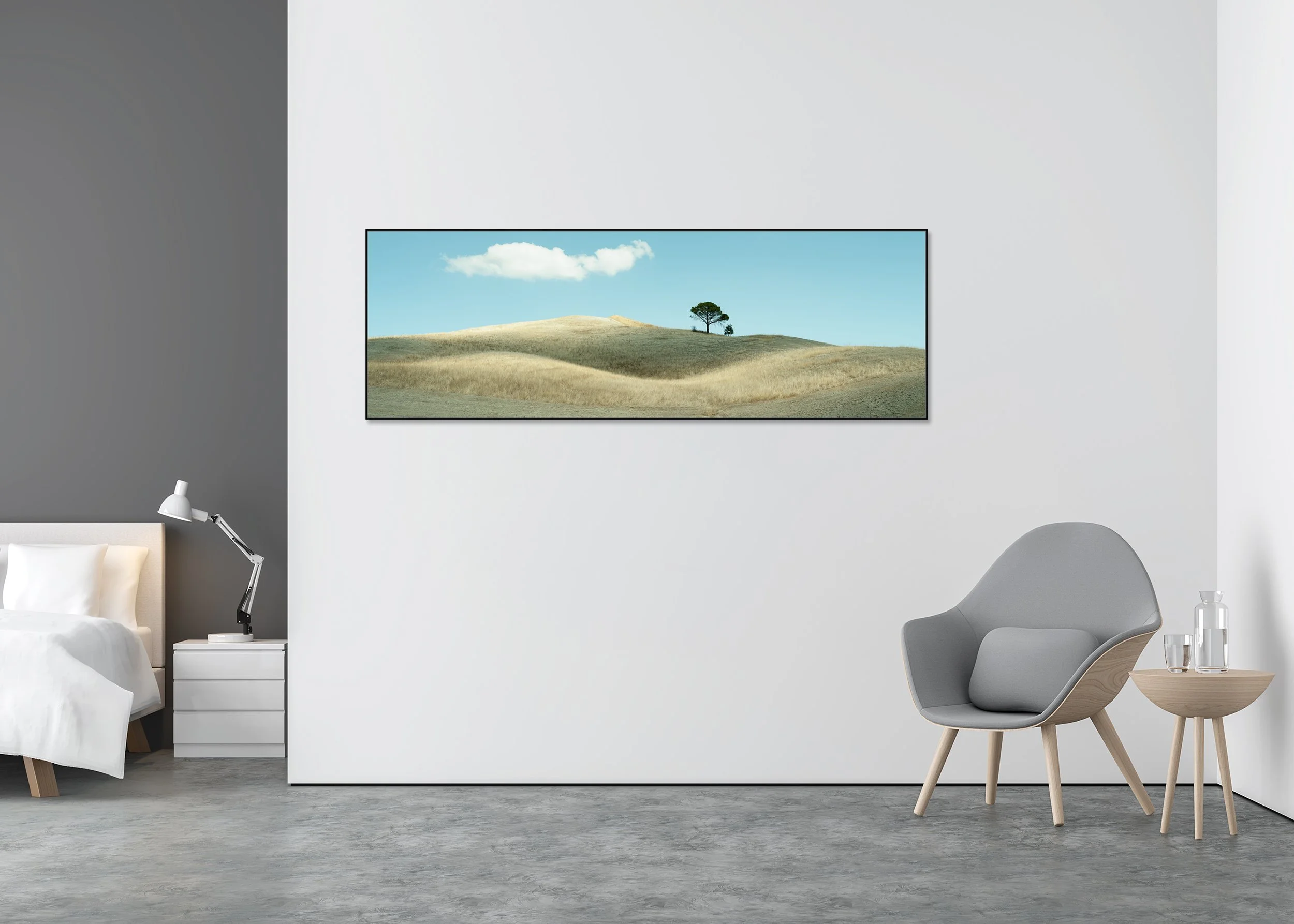 Lonely Tree and Rolling Hills displayed in a modern interior, mounted on aluminium Dibond in a black ArtBox frame by Gerald Berghammer.