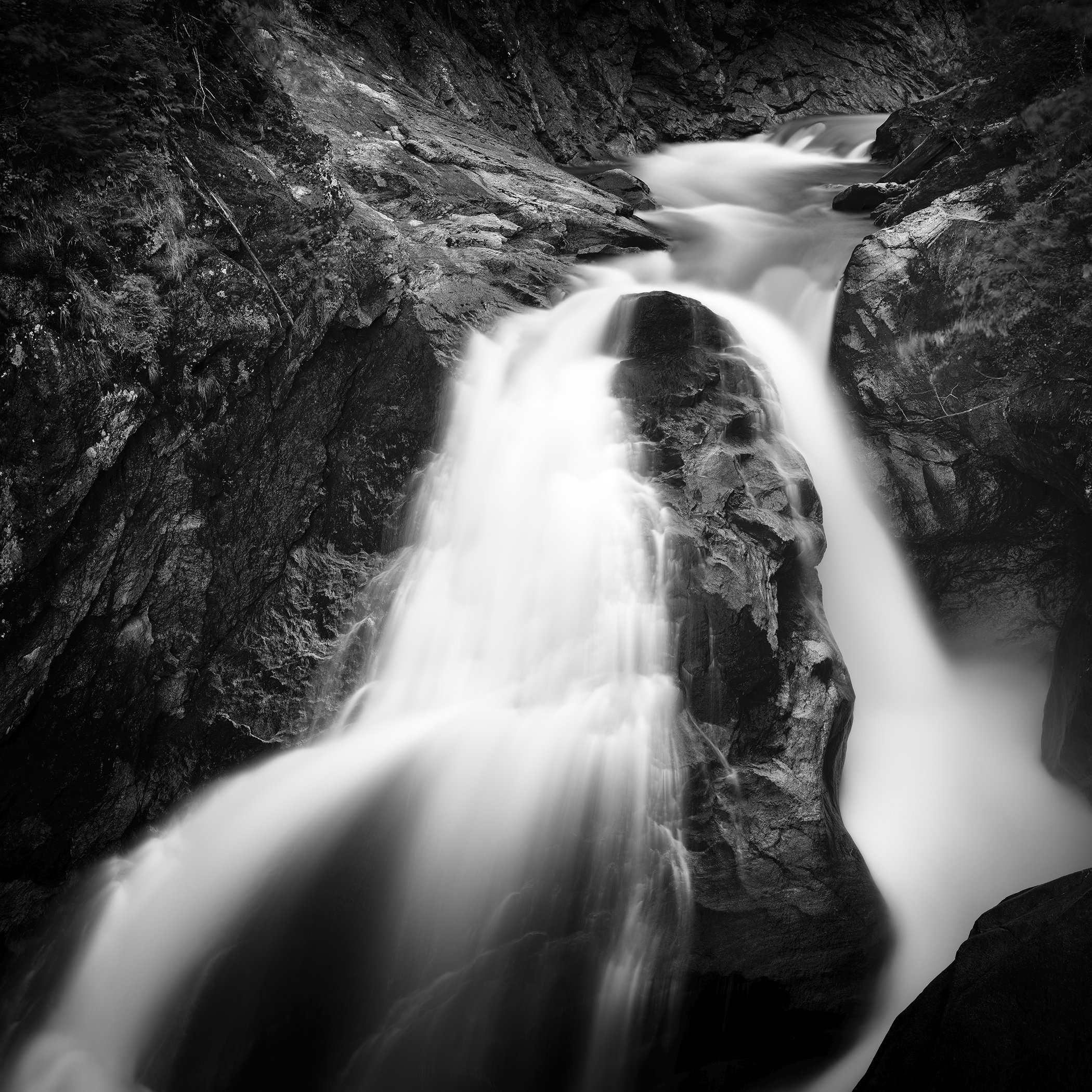 Krimmler Ache Study 1 by Gerald Berghammer, black-and-white long-exposure fine art photograph of the Krimmler Ache near the Krimml Waterfalls, Austria.