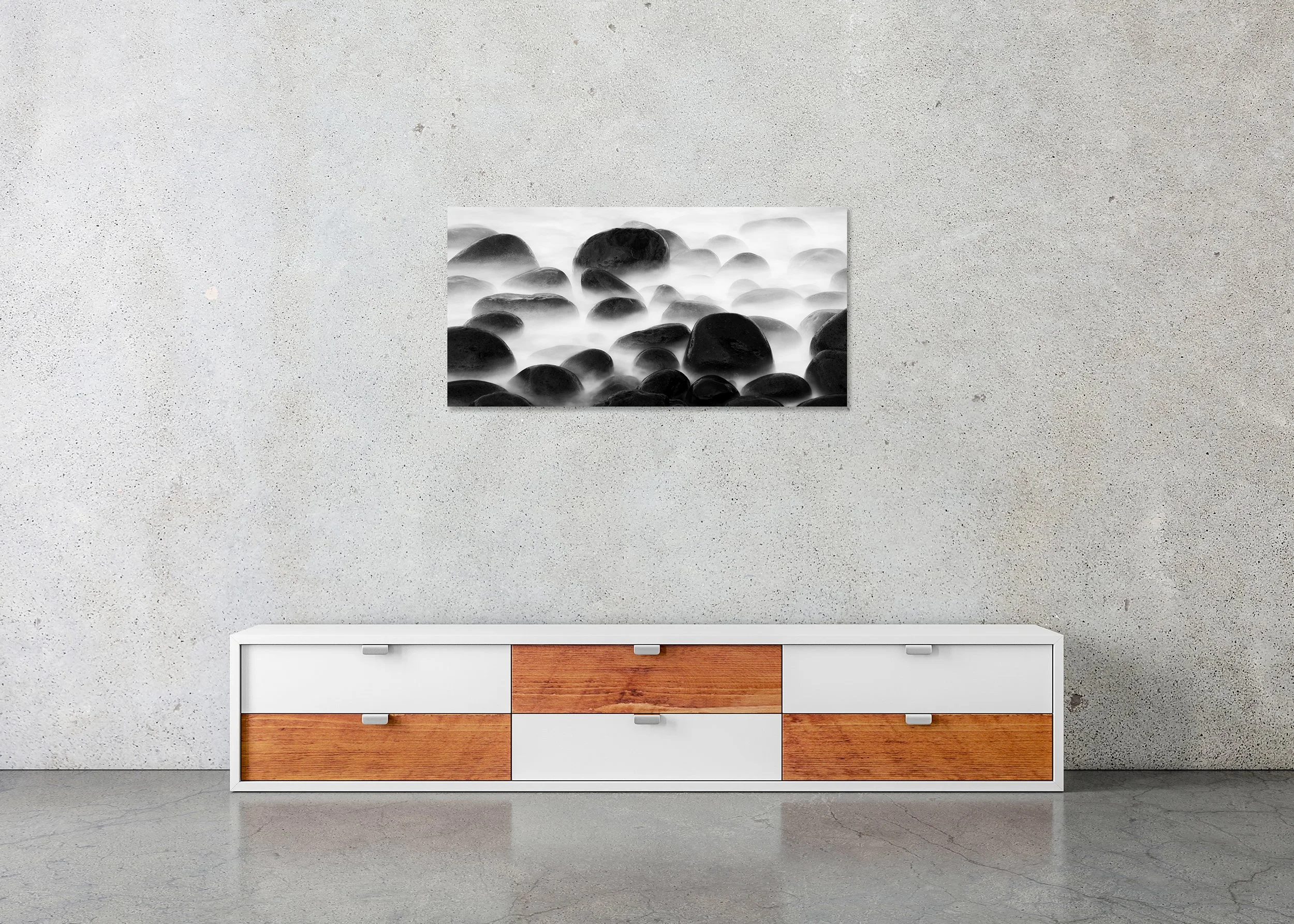 Black Stone Beach Study 1 – Portugal, black-and-white photo print mounted to Dibond, frameless