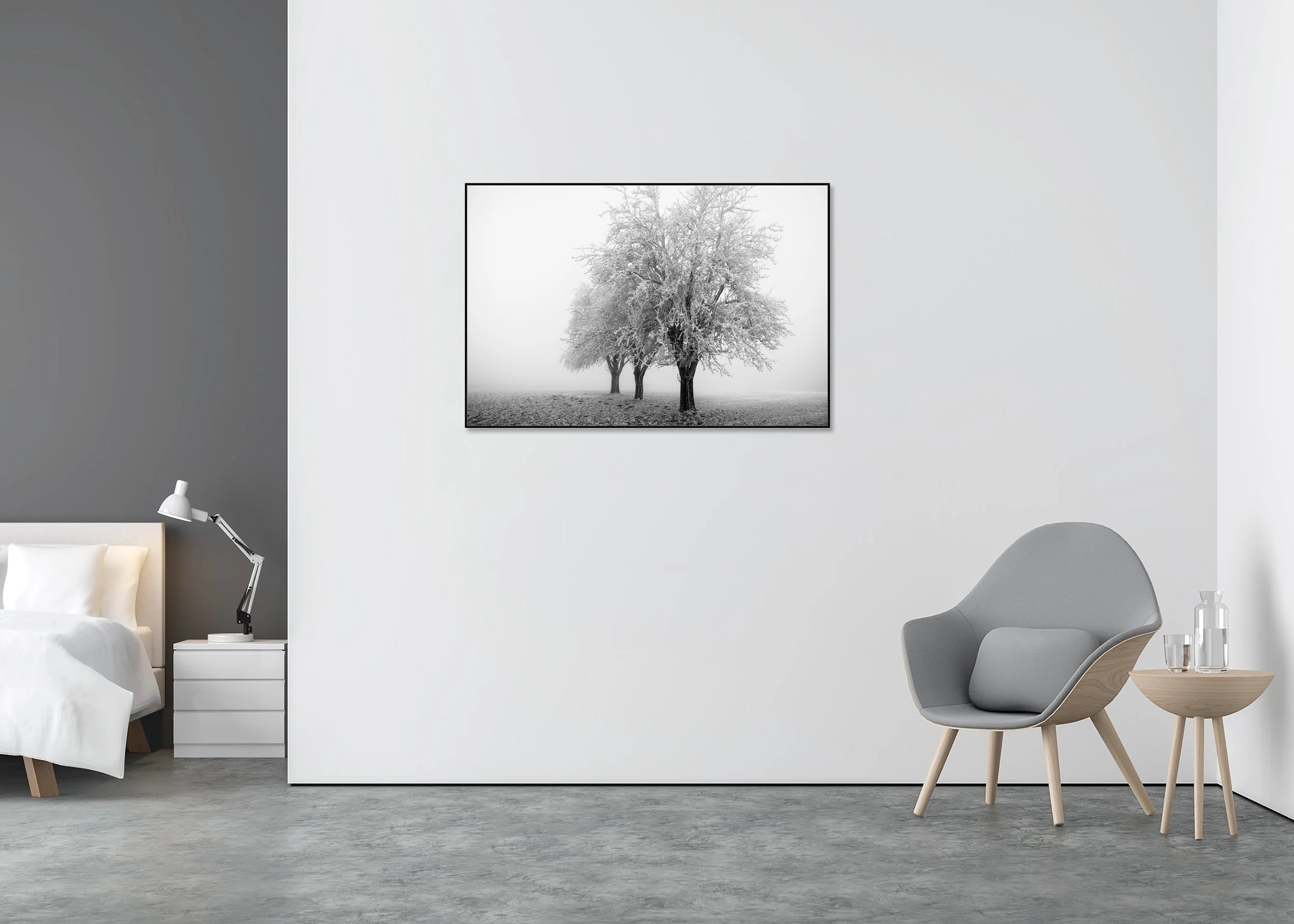 Frozen Apple Trees Study 3 displayed in a modern interior, mounted on aluminium Dibond in a black ArtBox frame by Gerald Berghammer.