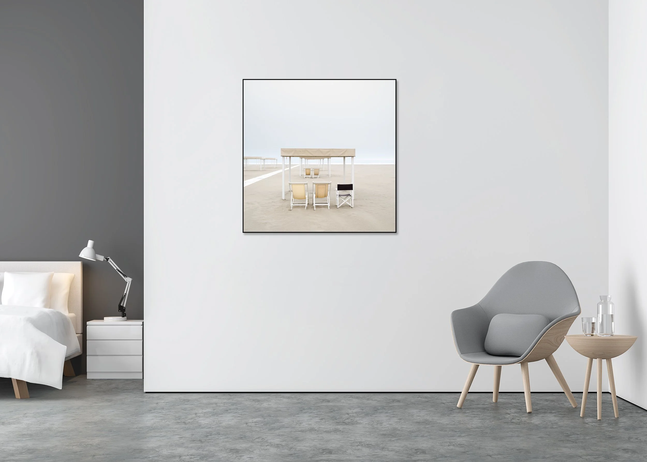 Sun Loungers on the Beach, Study 1 – colour photograph on Dibond in an aluminium ArtBox displayed in a minimalist interior.