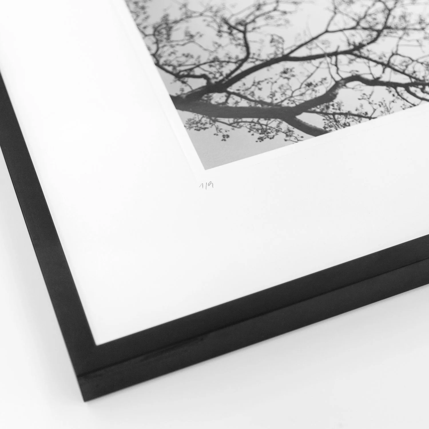 Detail of the handwritten date on Gerald Berghammer's Tree and the Tower print, showing the white mount and black frame.