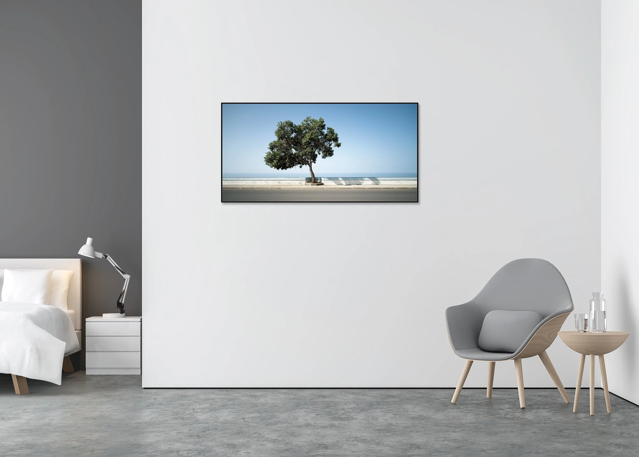 Tree by the Calm Sea, Panorama Study 2 – colour photograph on Dibond in an aluminium ArtBox displayed in a contemporary interior.