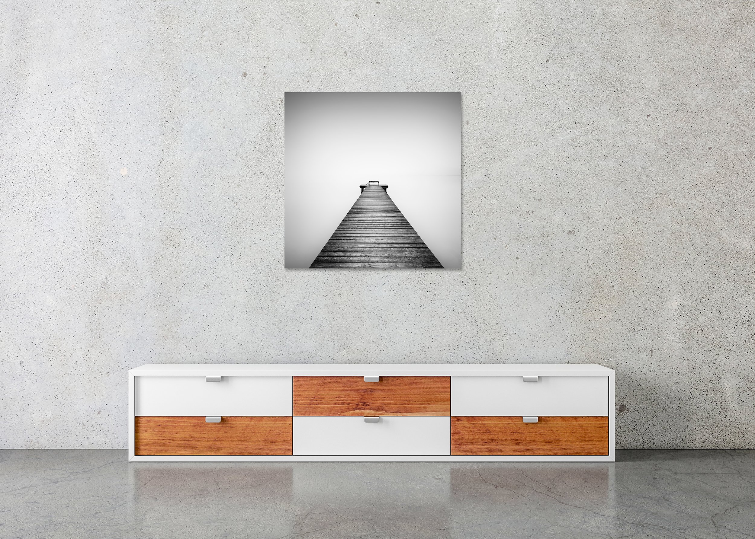 Misty Morning at the Lake, Study 1 – frameless black-and-white photograph on aluminium Dibond above a low cabinet.