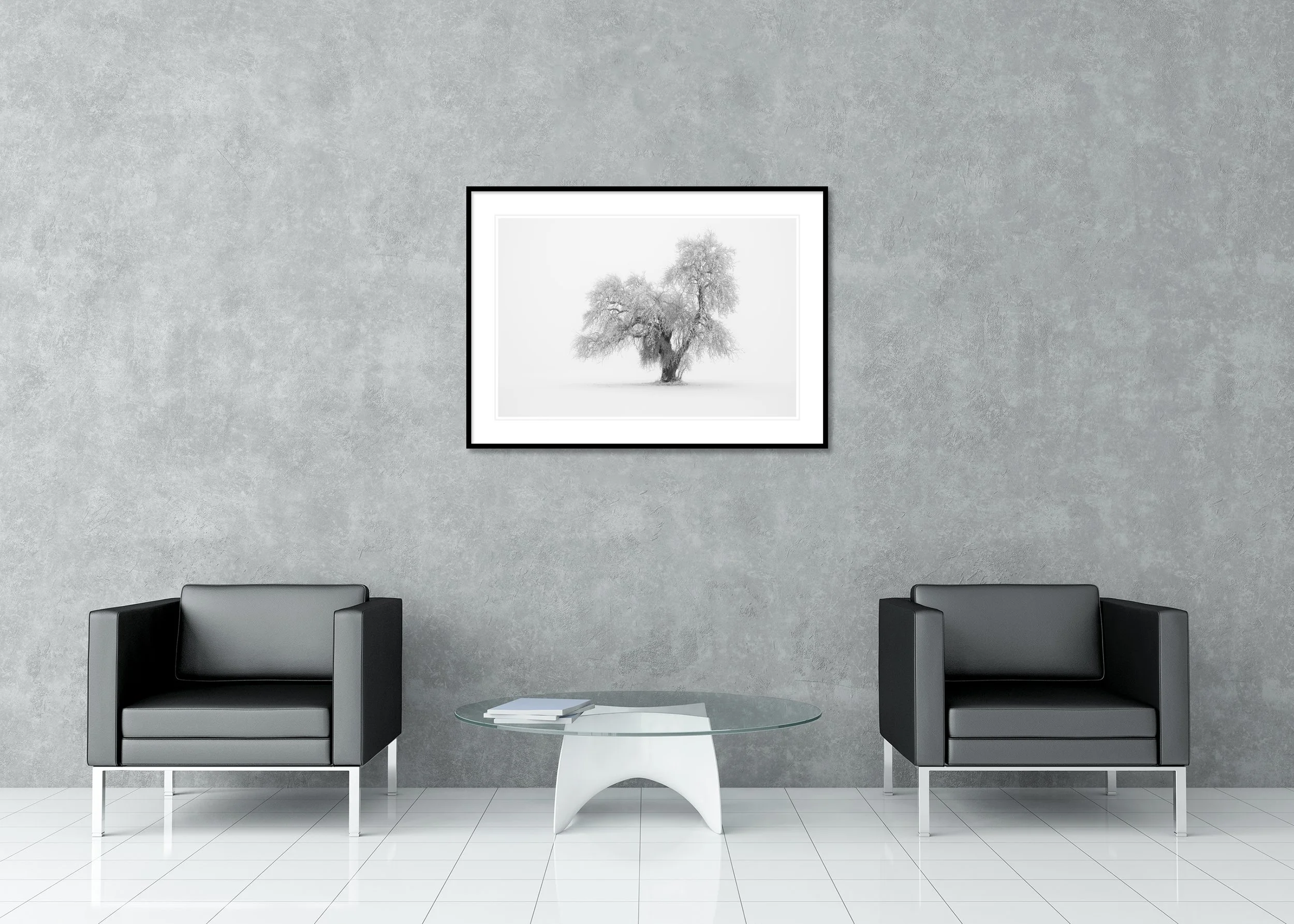 Minimalist Winter Tree Study 1 – Austria displayed as an archival black-and-white pigment print in an aluminium frame with mount and anti-reflective glass.