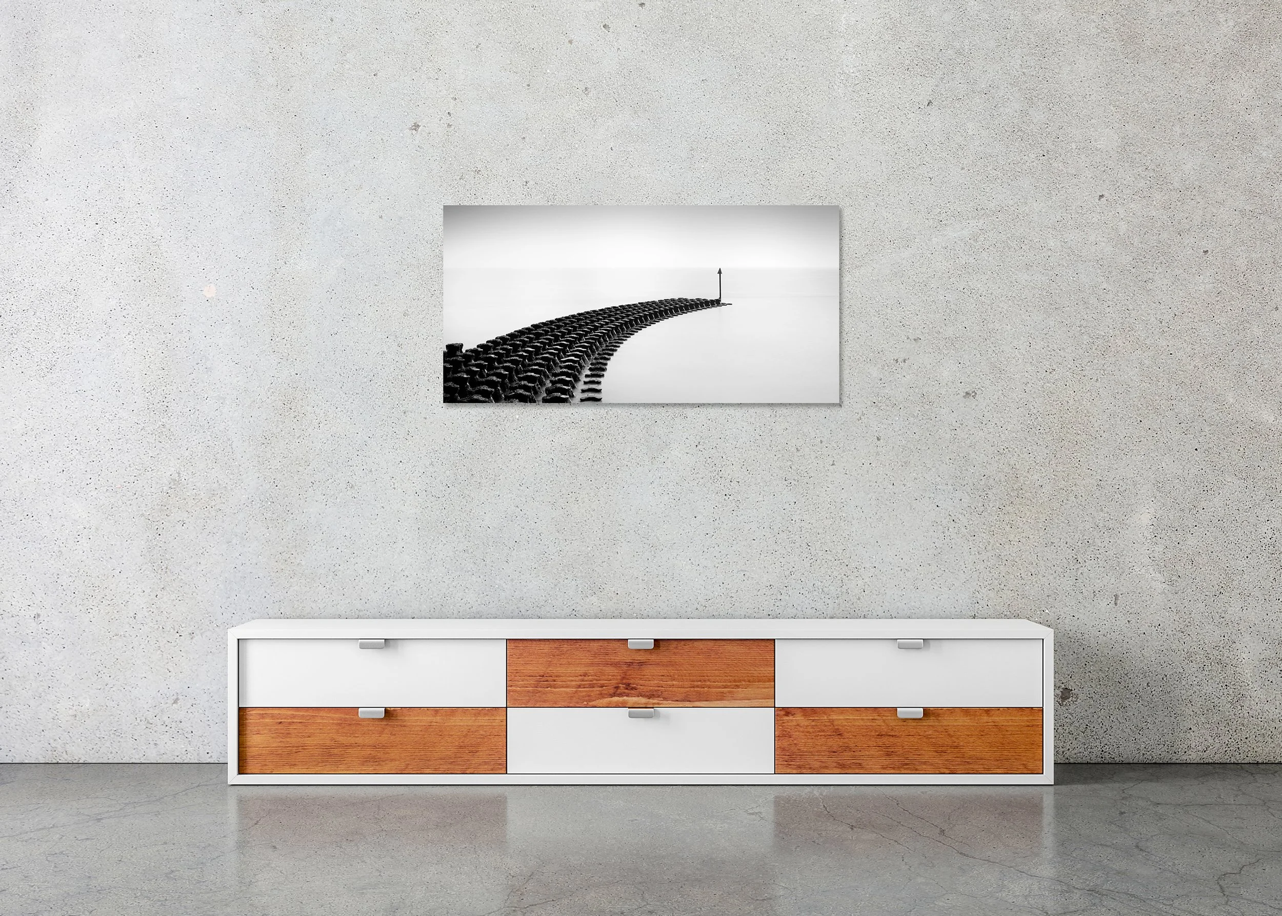 Cobbold’s Point, Panorama Study 1 – frameless black-and-white photograph on aluminium Dibond displayed in a minimalist interior.
