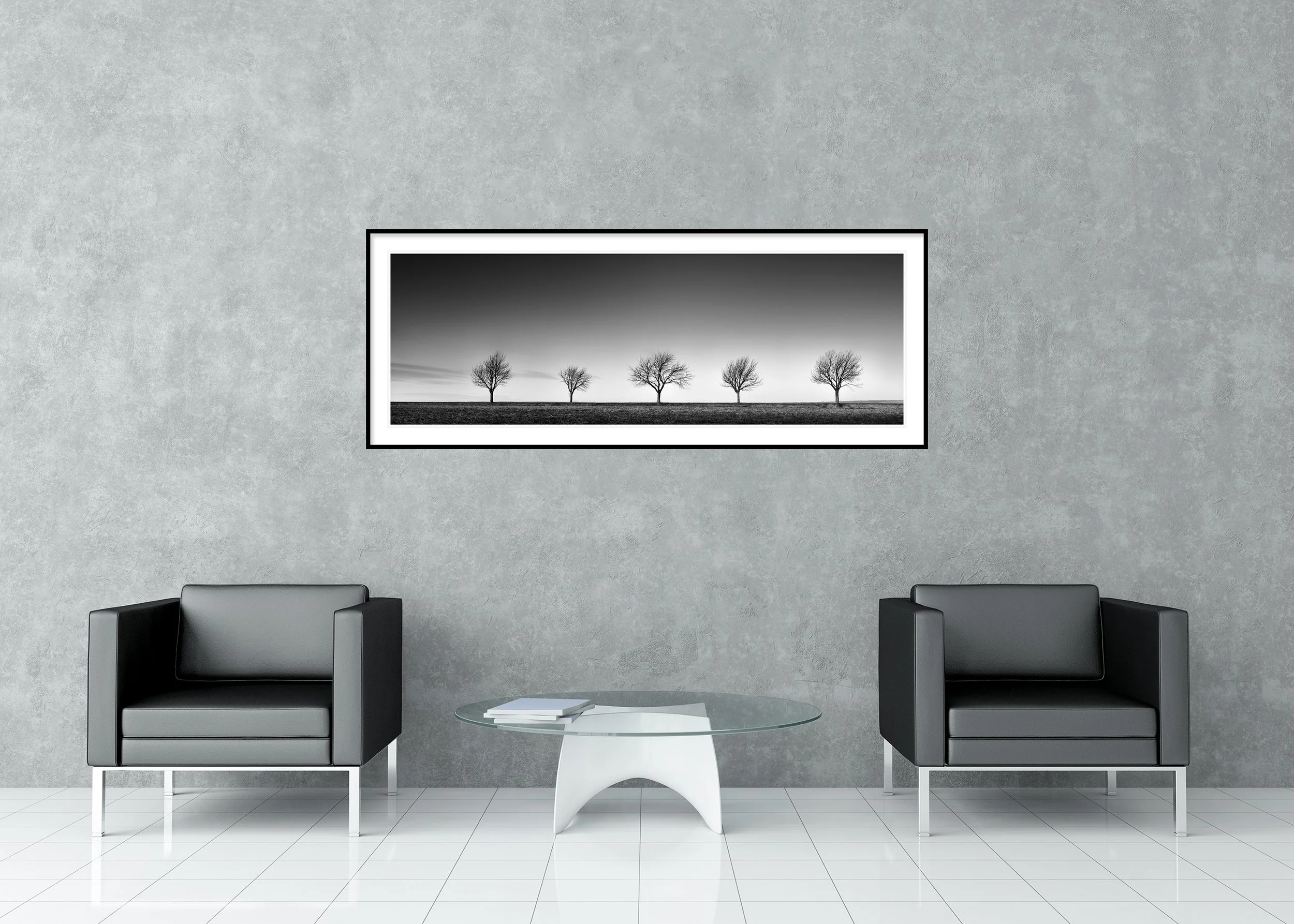Row of Five Cherry Trees Panorama by Gerald Berghammer displayed in a contemporary interior in a black aluminium frame with a white mount.