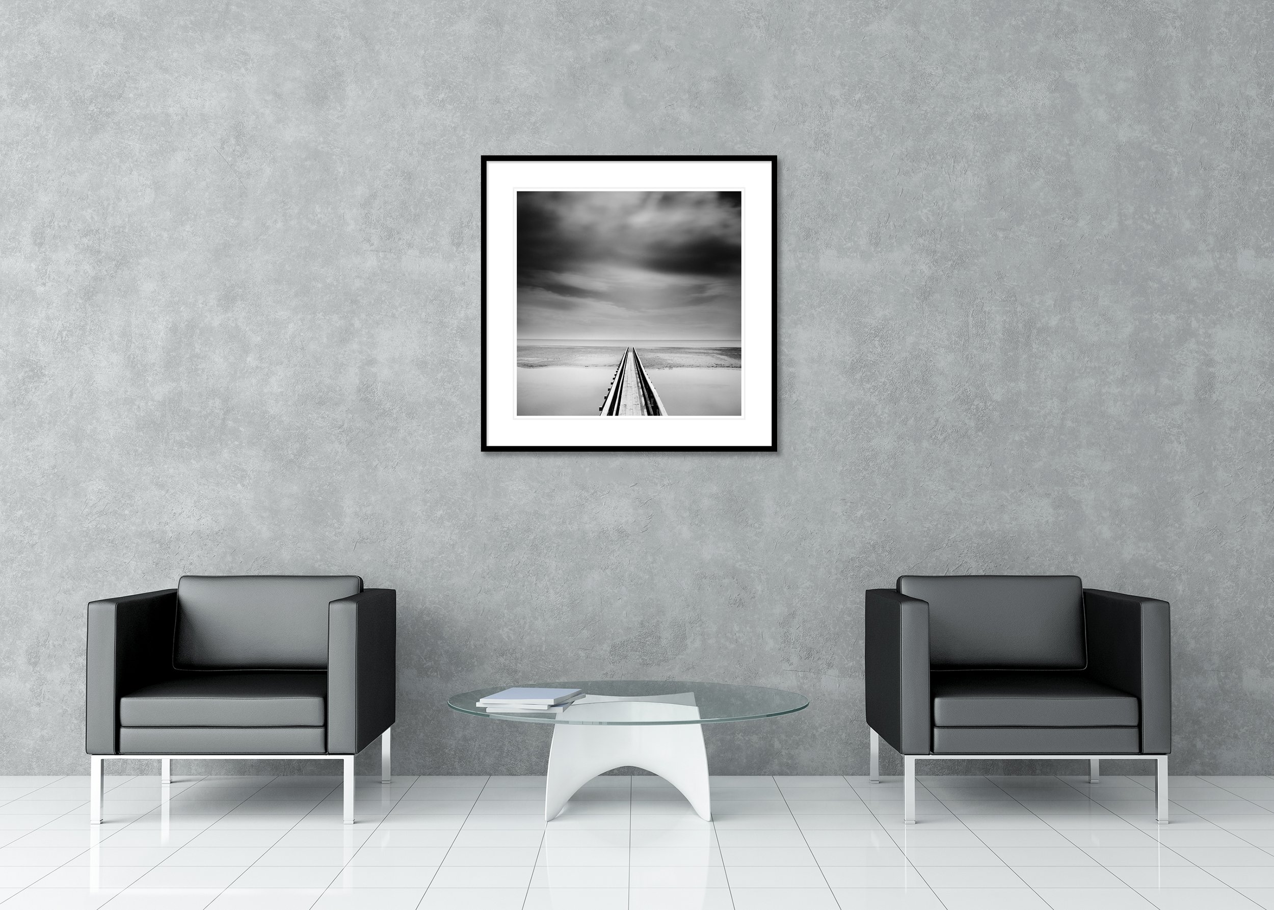 Over the Bridge displayed on a wall as an archival pigment print in a black aluminium frame with a white mount by Gerald Berghammer.