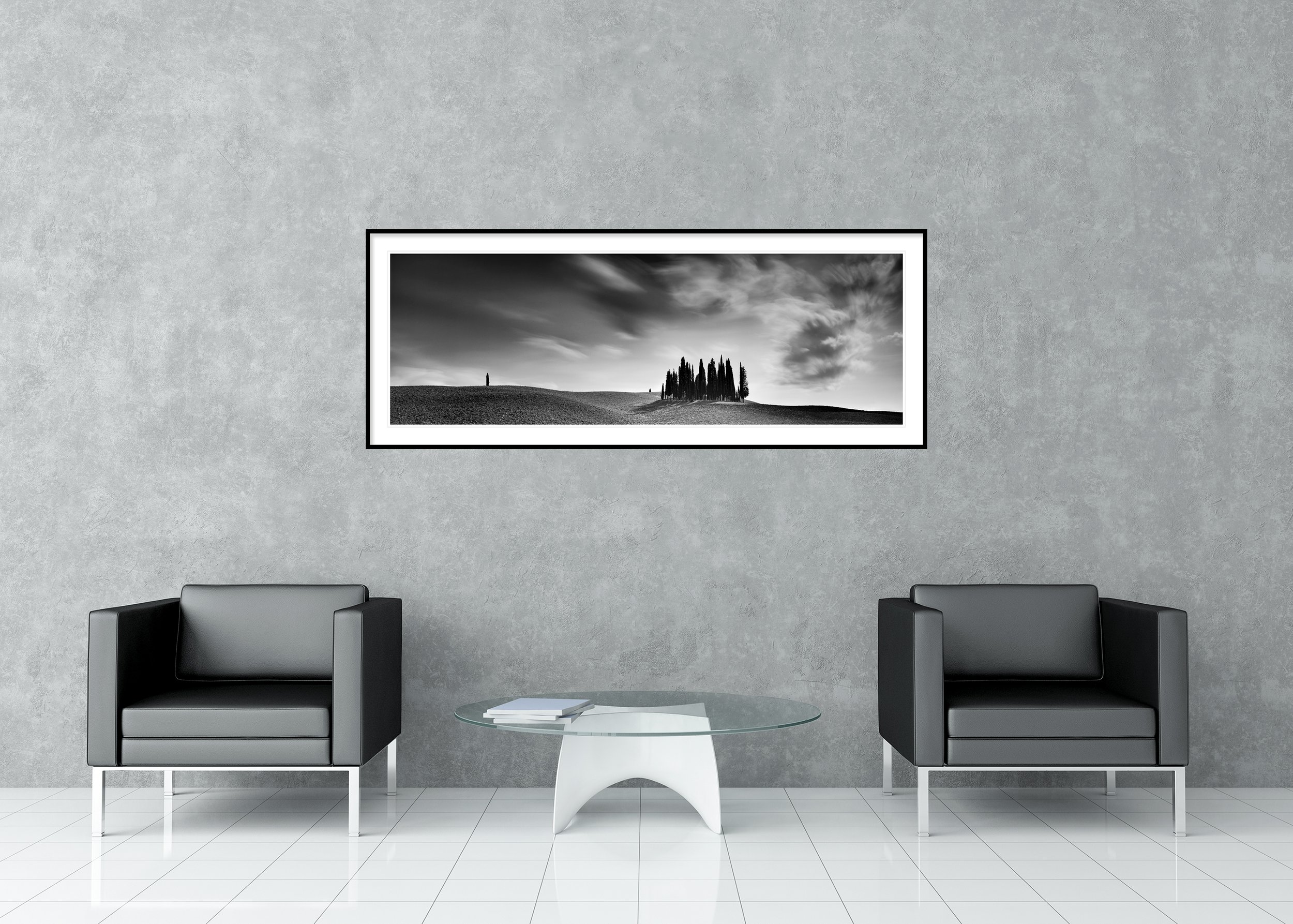 Cypress Hill Panorama Study 4 by Gerald Berghammer displayed in a modern interior in a black aluminium frame with white mount.