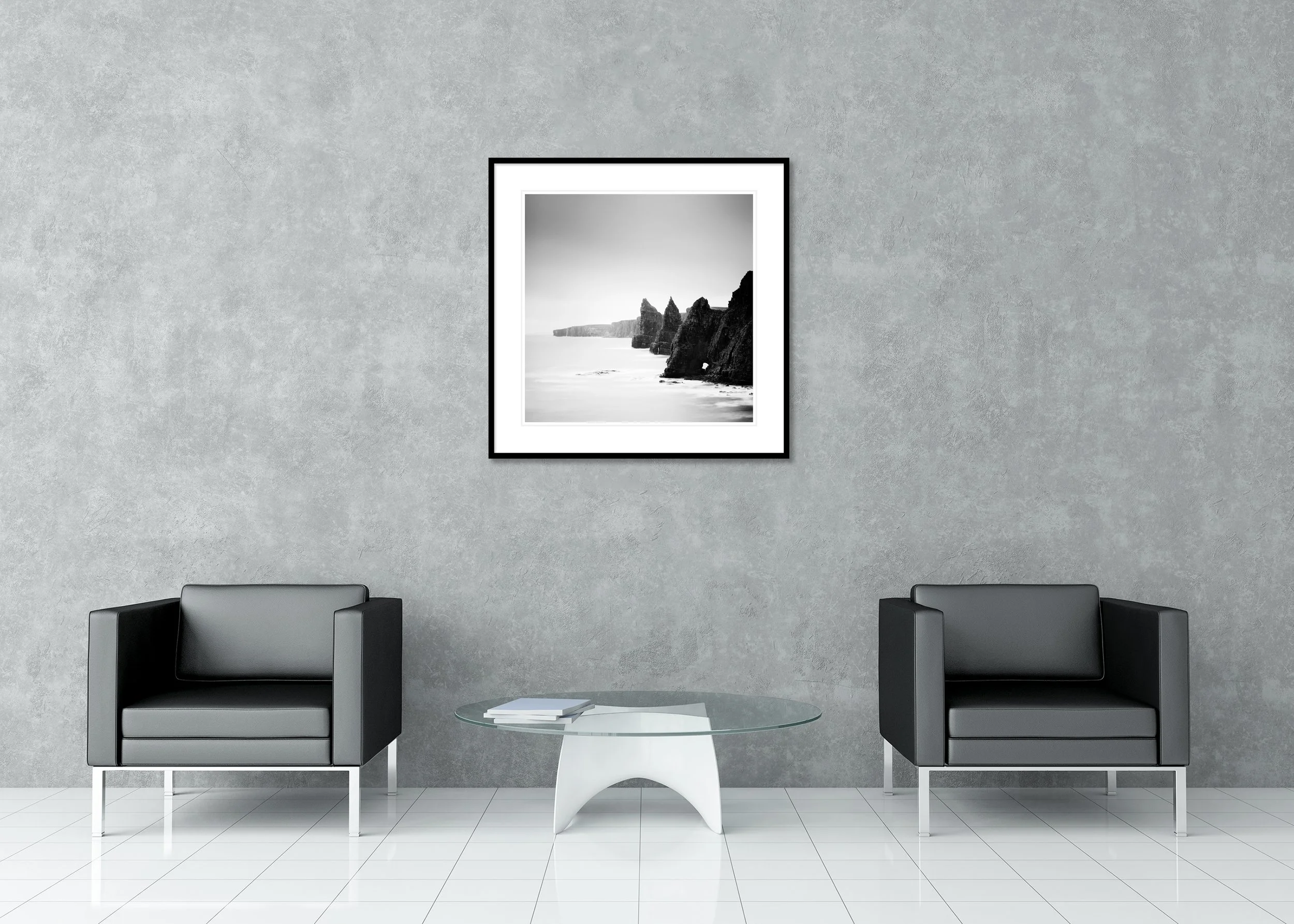 Minimalist black and white photograph of the Duncansby Stacks on Scotland’s north-east coast, archival pigment print in a classic frame with mount