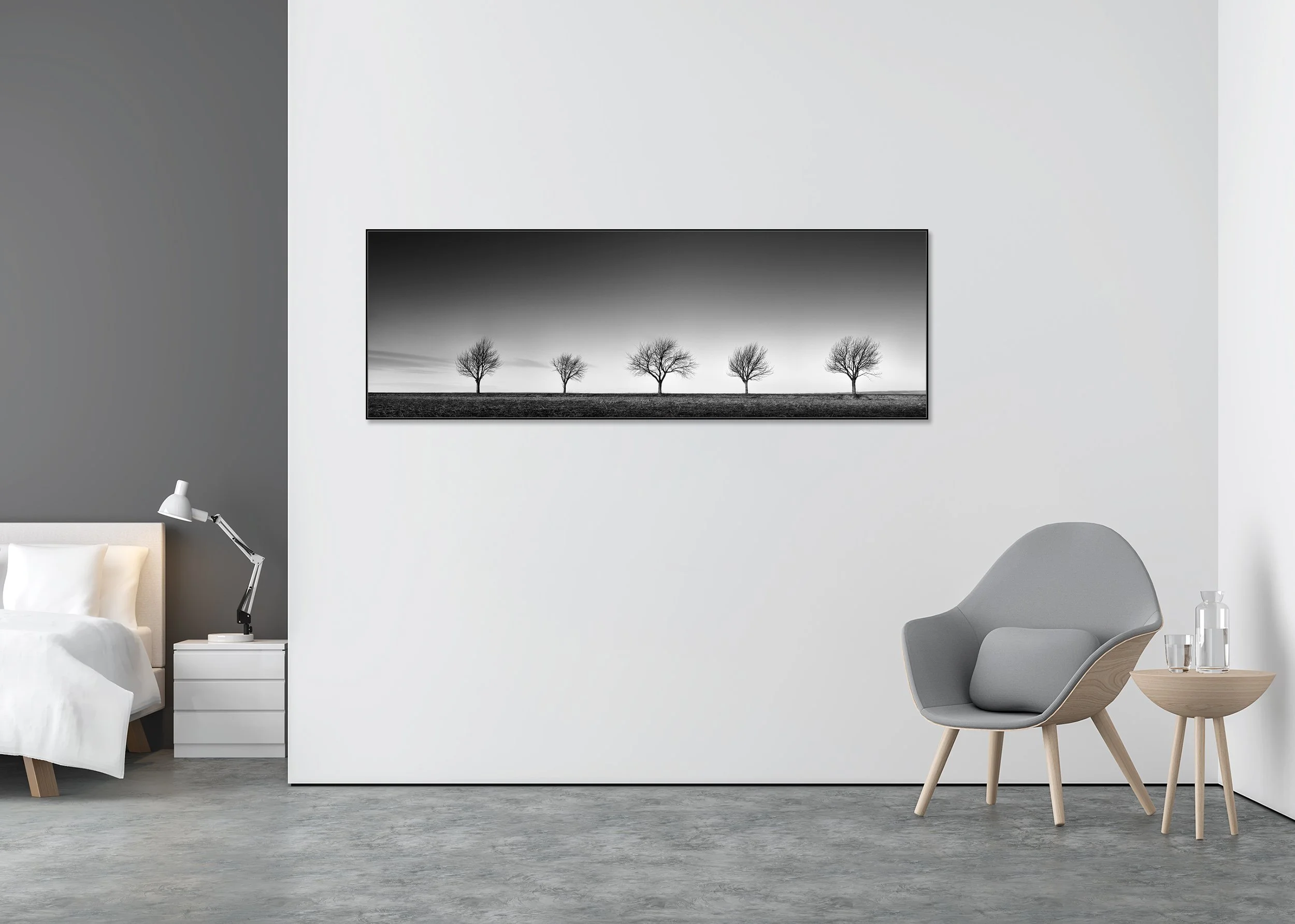 Row of Five Cherry Trees Panorama by Gerald Berghammer displayed in a contemporary interior in a black aluminium ArtBox frame.