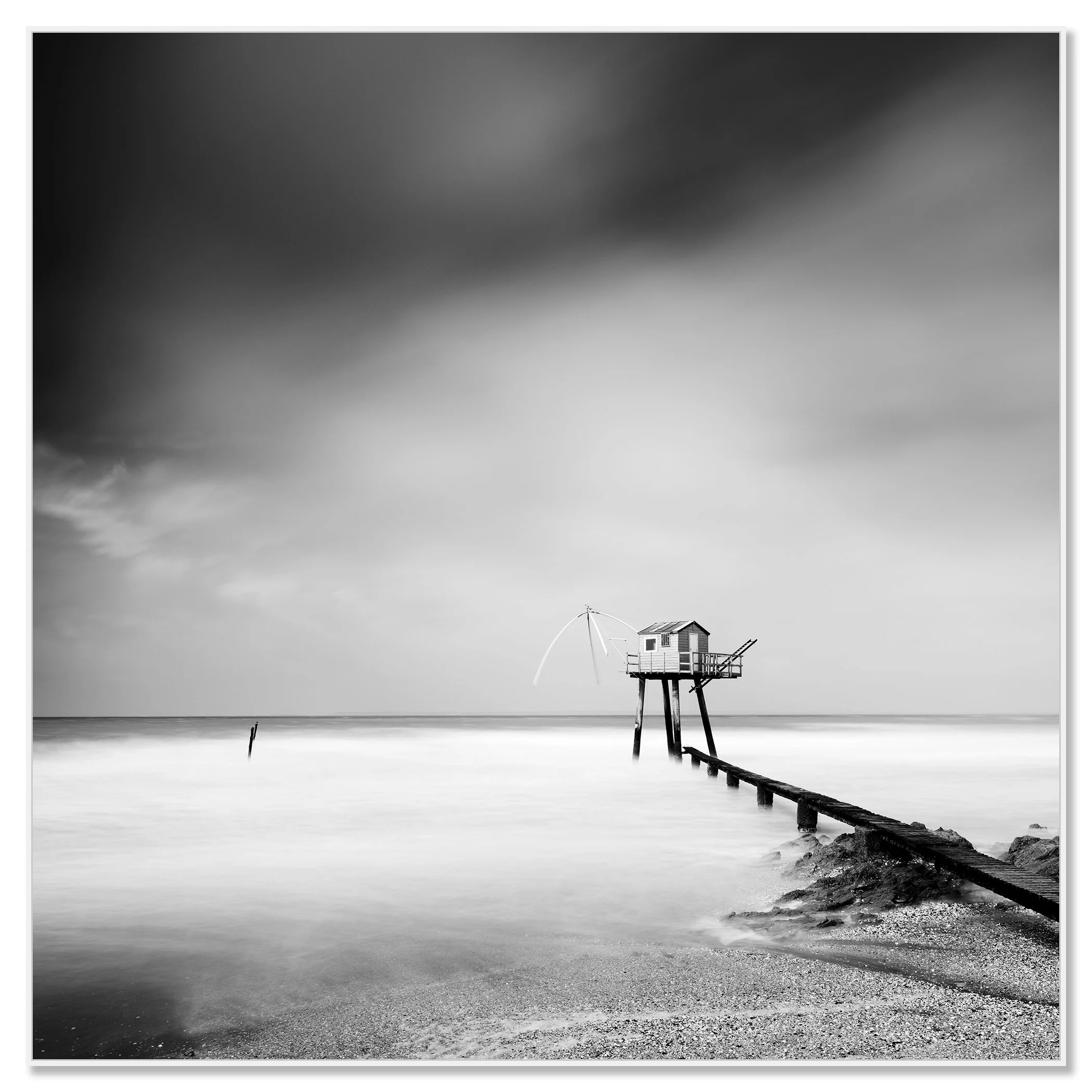 Fishing Hut on Stilts Study 8 by Gerald Berghammer, black-and-white Dibond print in a white aluminium ArtBox frame.