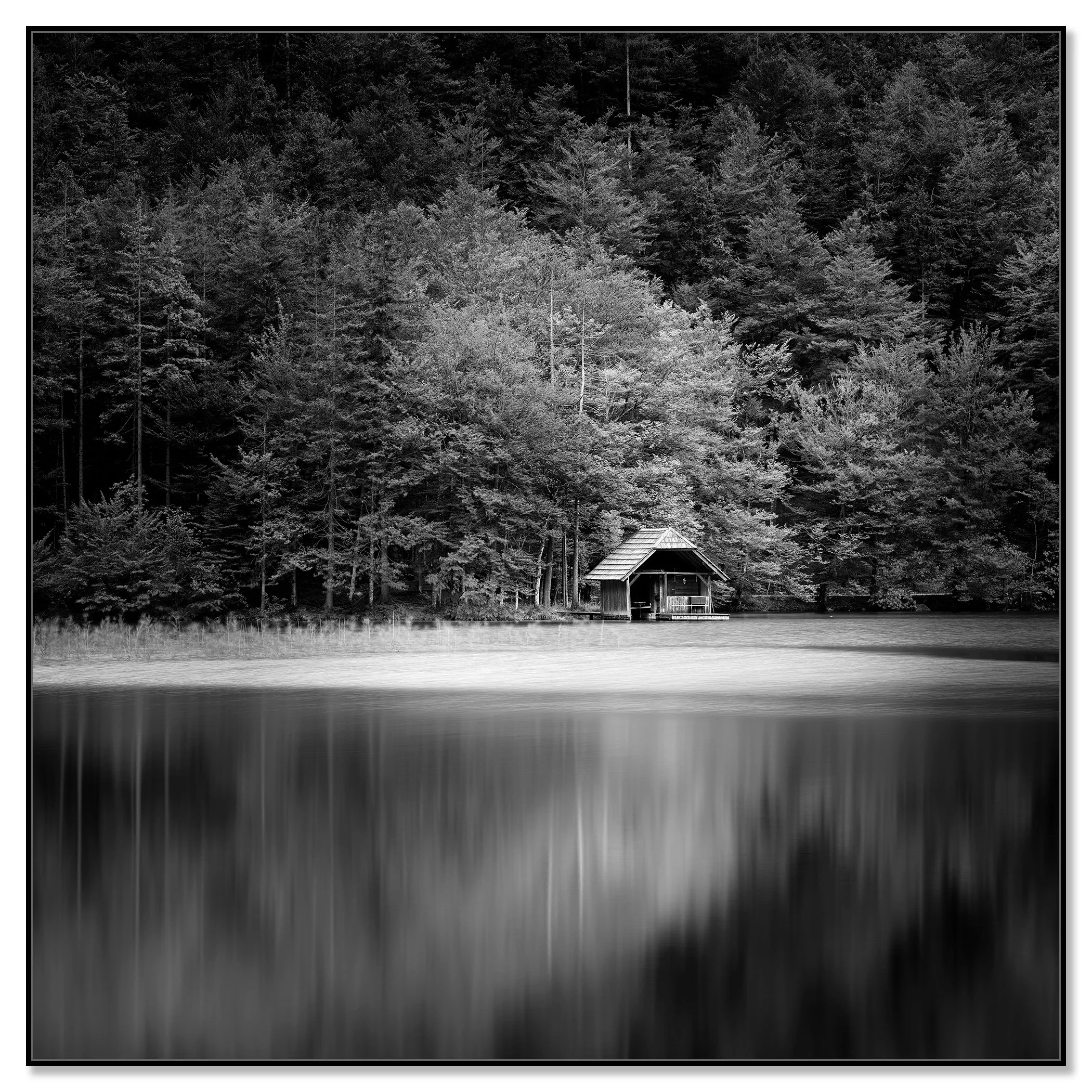 Wooden Boathouse, Study 2 mounted on aluminium Dibond in a black ArtBox frame by Gerald Berghammer.