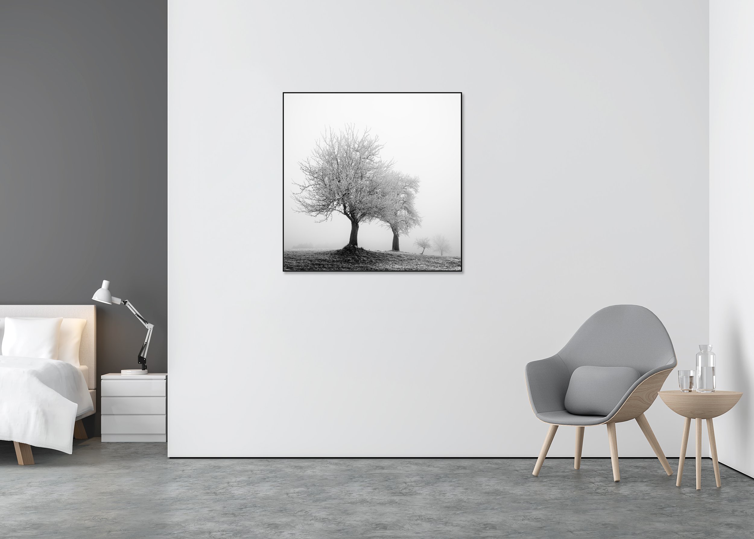 Monochrome photo print of frosted trees on a gentle slope in dense morning fog, mounted on Dibond in an aluminium ArtBox frame