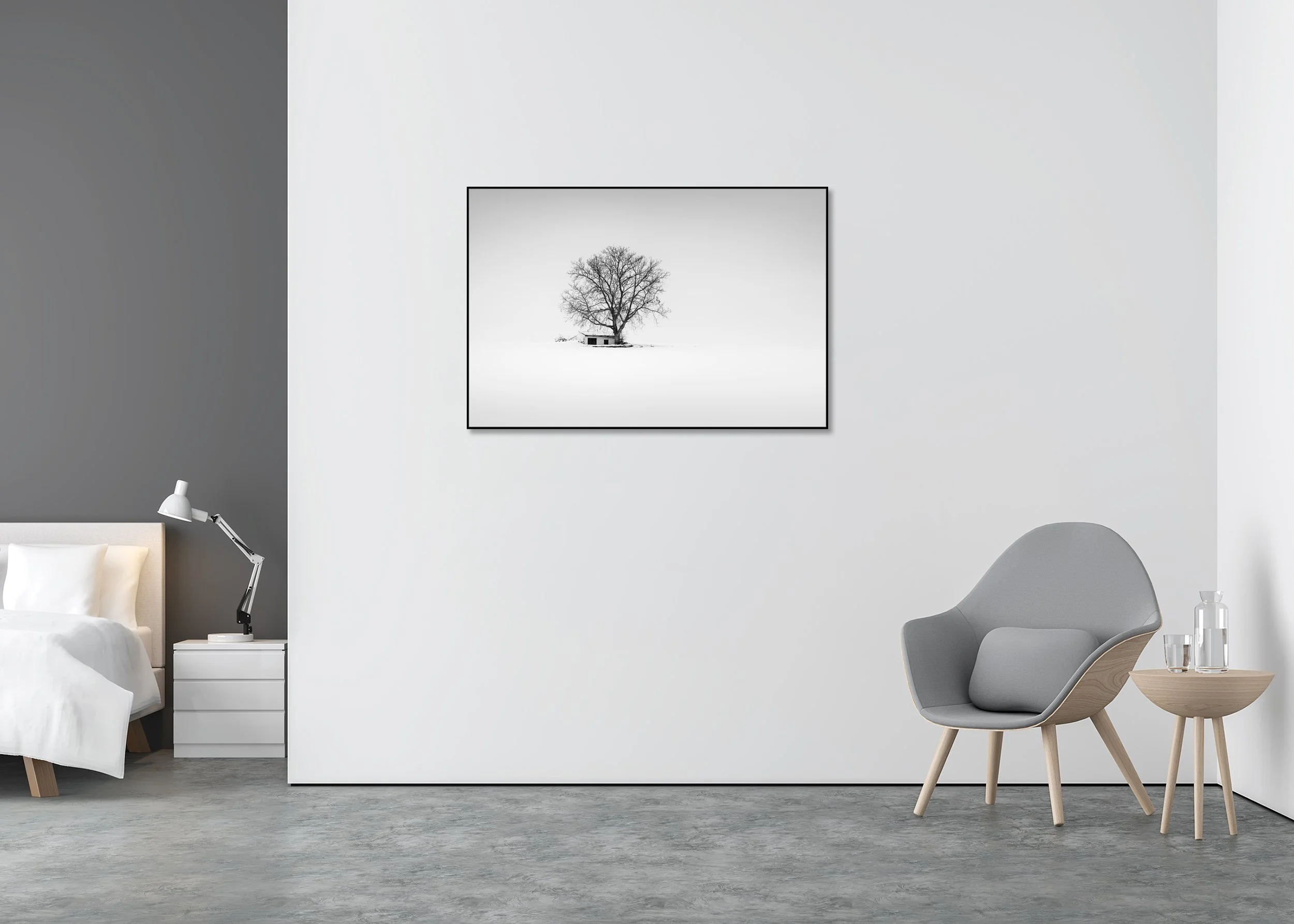 Minimalist Austria winter farmland scene with a wine press house, photo print mounted to Dibond in an aluminium ArtBox.
