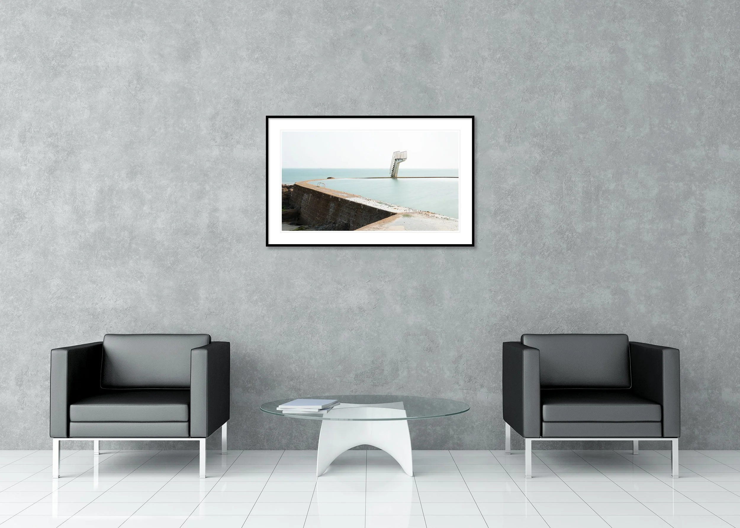 Seawater Swimming Pool, Study 1 – archival pigment print in a black aluminium frame with a white mount in a modern lounge.