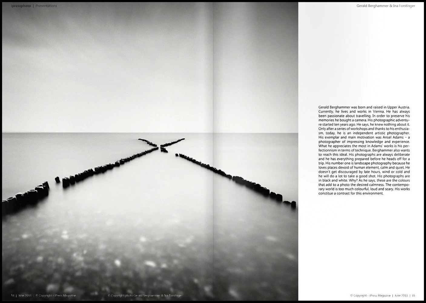 ipressphoto Magazine 2013 double-page spread featuring minimalist black-and-white long-exposure photography of converging breakwaters in an editorial feature on Gerald Berghammer and Ina Forstinger.
