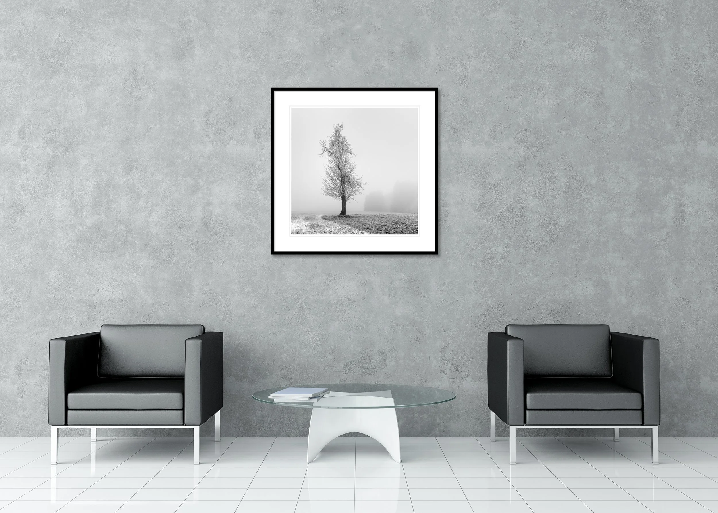 Frozen Farmland Study 1 displayed in a modern interior as an archival pigment print in a black aluminium frame with a white mount by Gerald Berghammer.