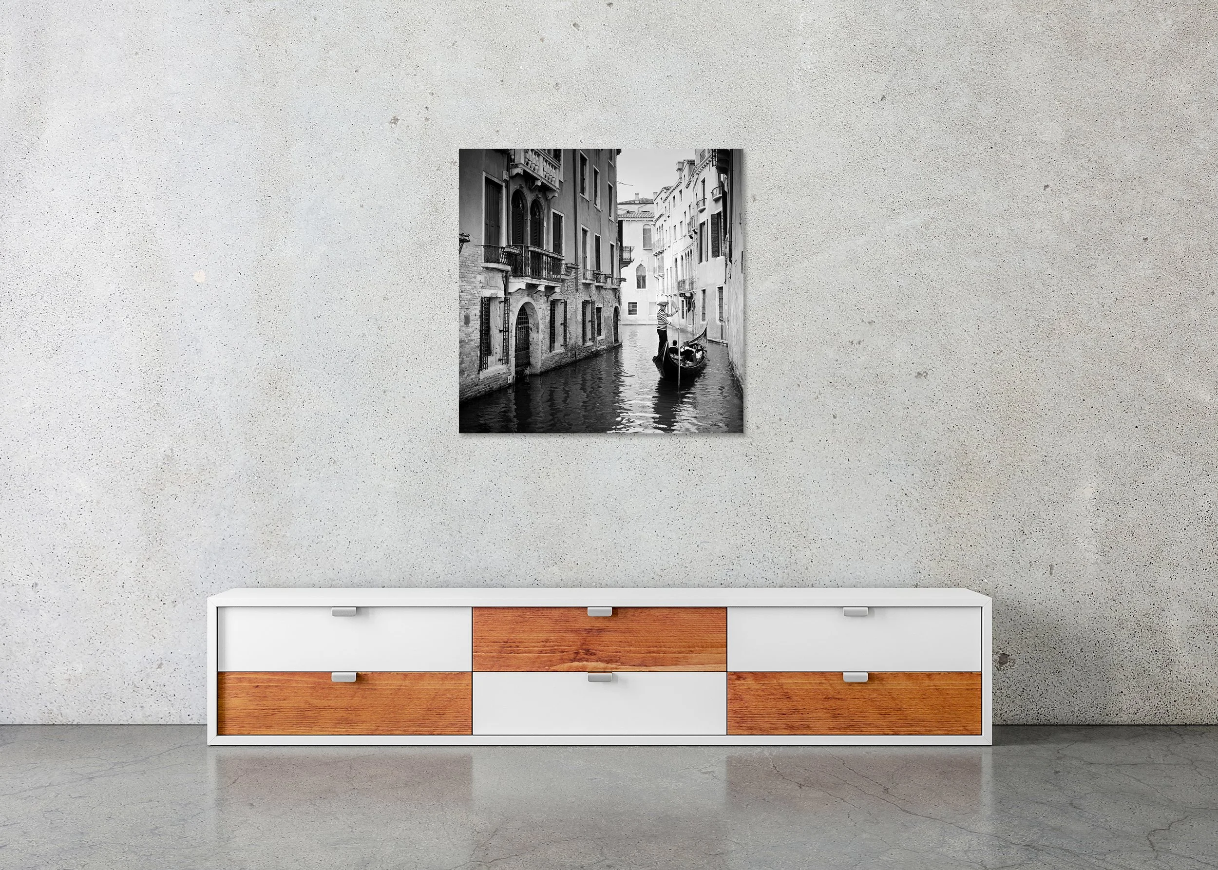 Gondolier, Study 1 – frameless black-and-white photograph on aluminium Dibond displayed above a low cabinet.
