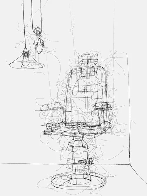 Wire sculpture of a salon chair and hanging lights by Austrian artist Ismael Picker-Schiebel.