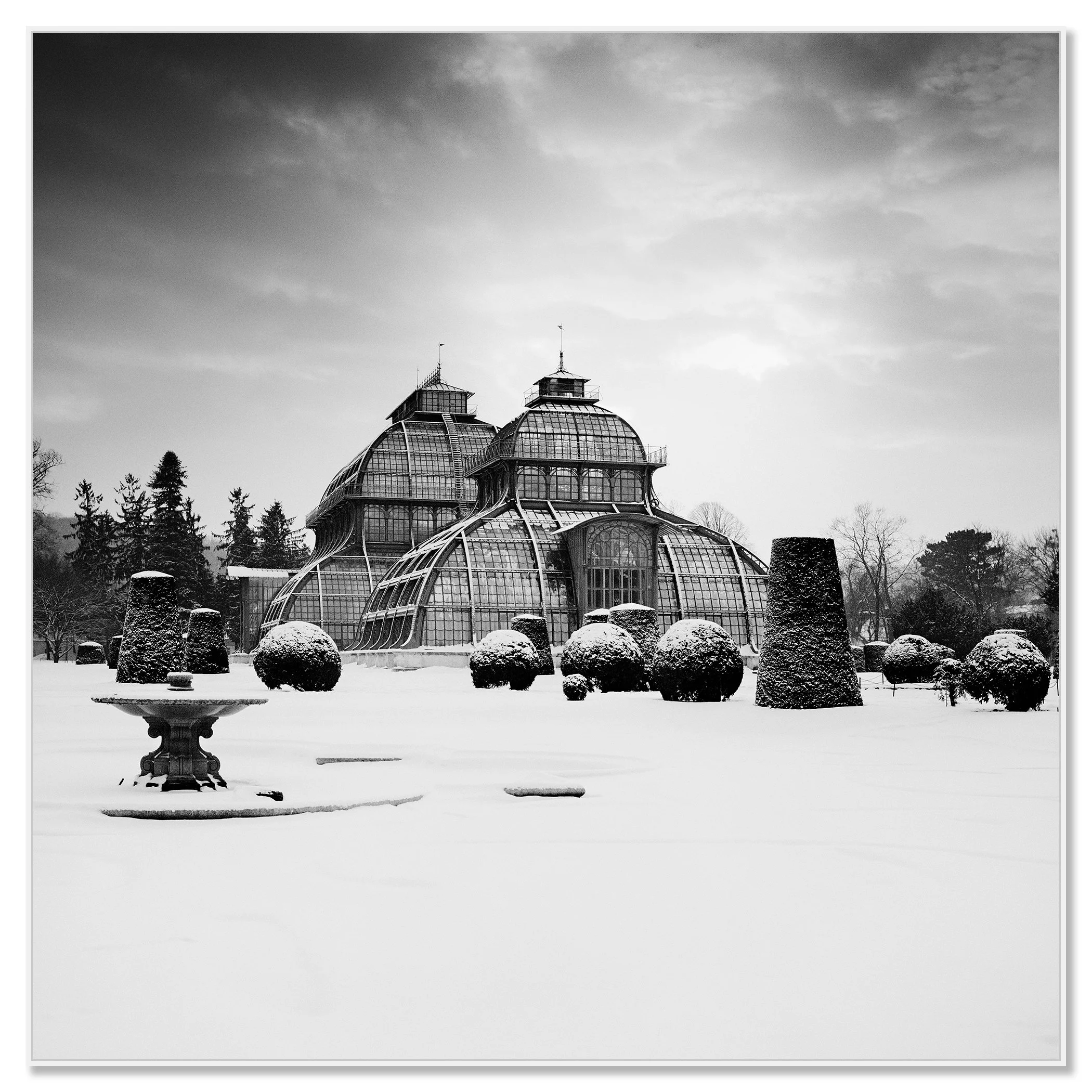 Black-and-white print of the Palm House at Schönbrunn Palace, Vienna, in winter snow, framed ArtBox white