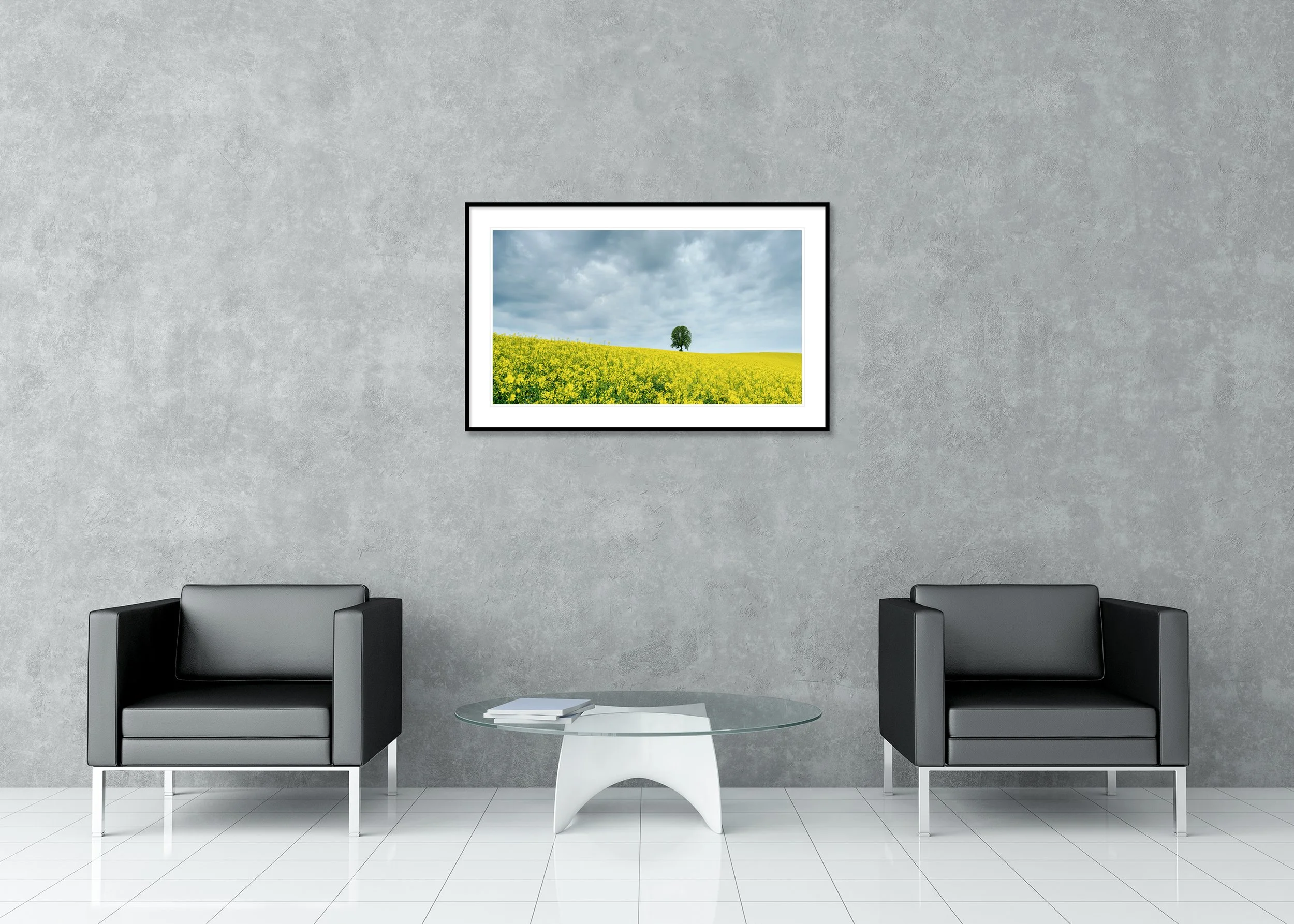 Tree in a Yellow Rapeseed Field displayed in a modern interior as an archival pigment print in an aluminium frame with white mount by Gerald Berghammer.