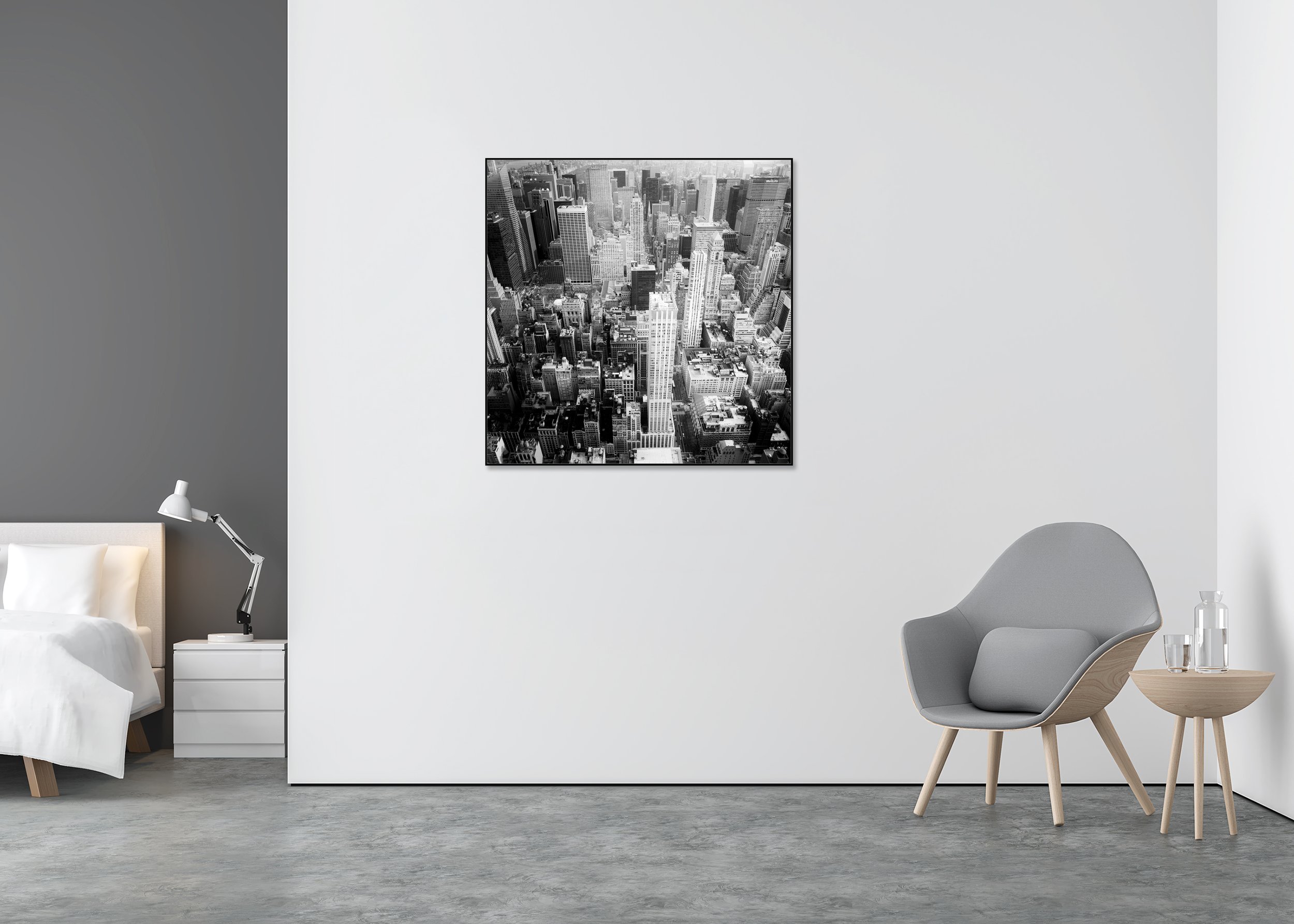 Manhattan Study 5 displayed in a modern interior, mounted on aluminium Dibond in a black ArtBox frame by Gerald Berghammer.