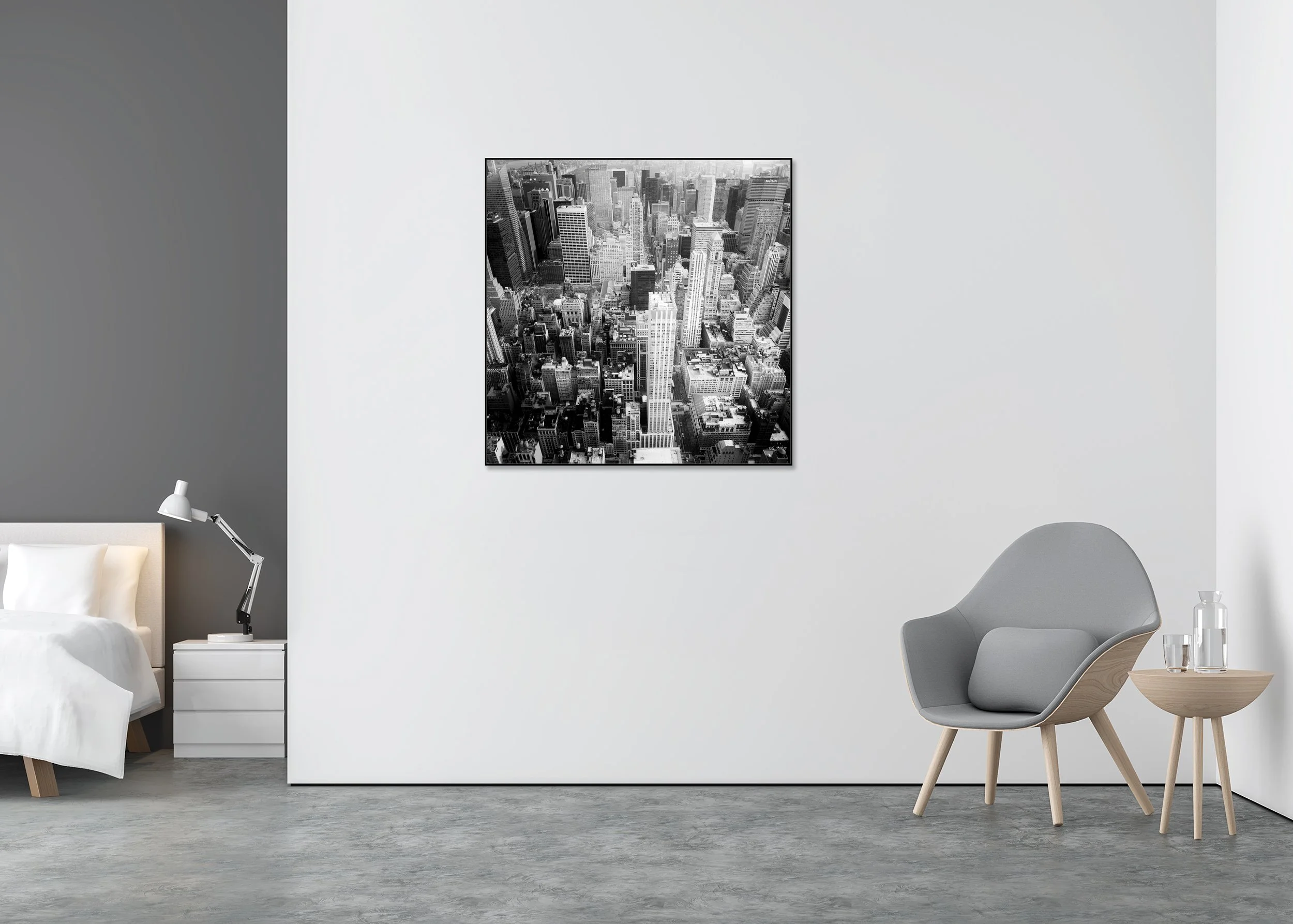 Black-and-white aerial photo of the NYC skyline with modern high-rise architecture and dense streets, photo print on Dibond in an aluminium ArtBox.