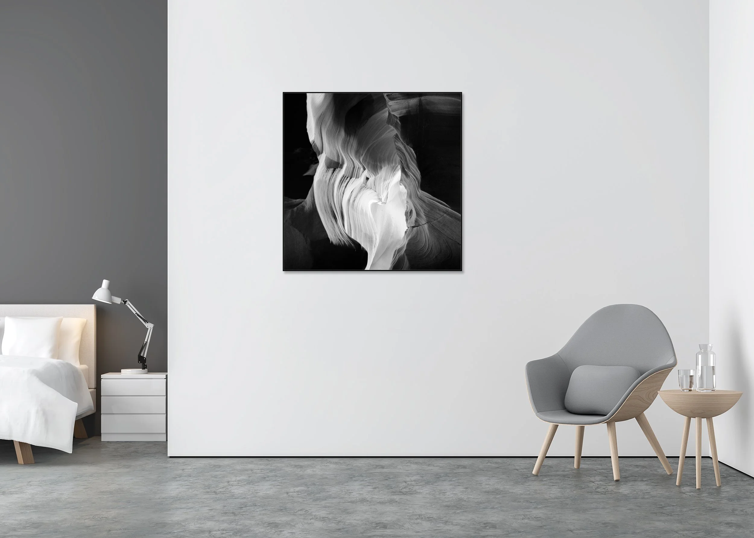 Black and white Antelope Canyon photo with smooth flowing sandstone walls, ChromaLuxe metal print in aluminium ArtBox.