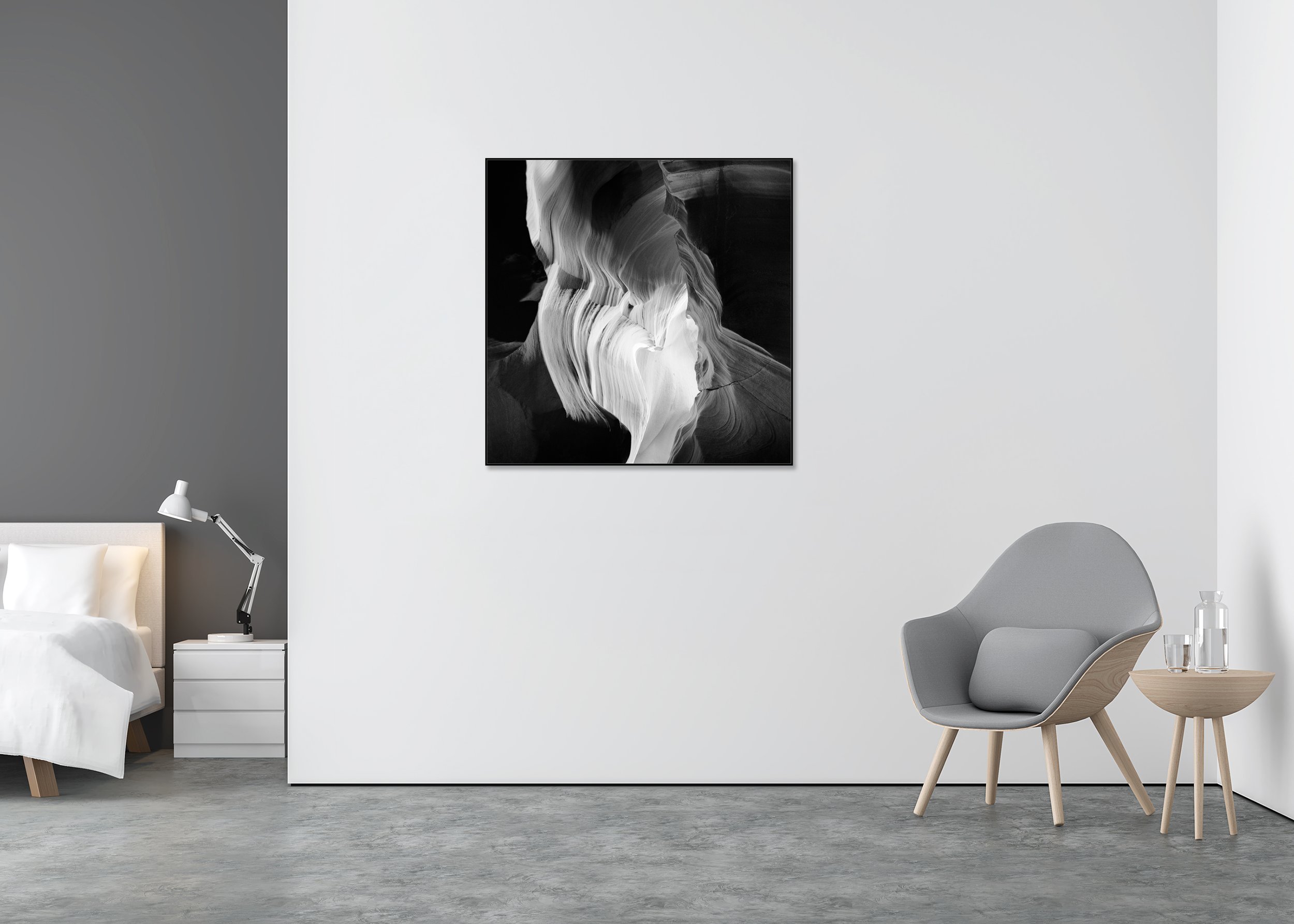 Heart Study 2 displayed in a modern interior, mounted on aluminium Dibond in a black ArtBox frame. Photograph by Gerald Berghammer.