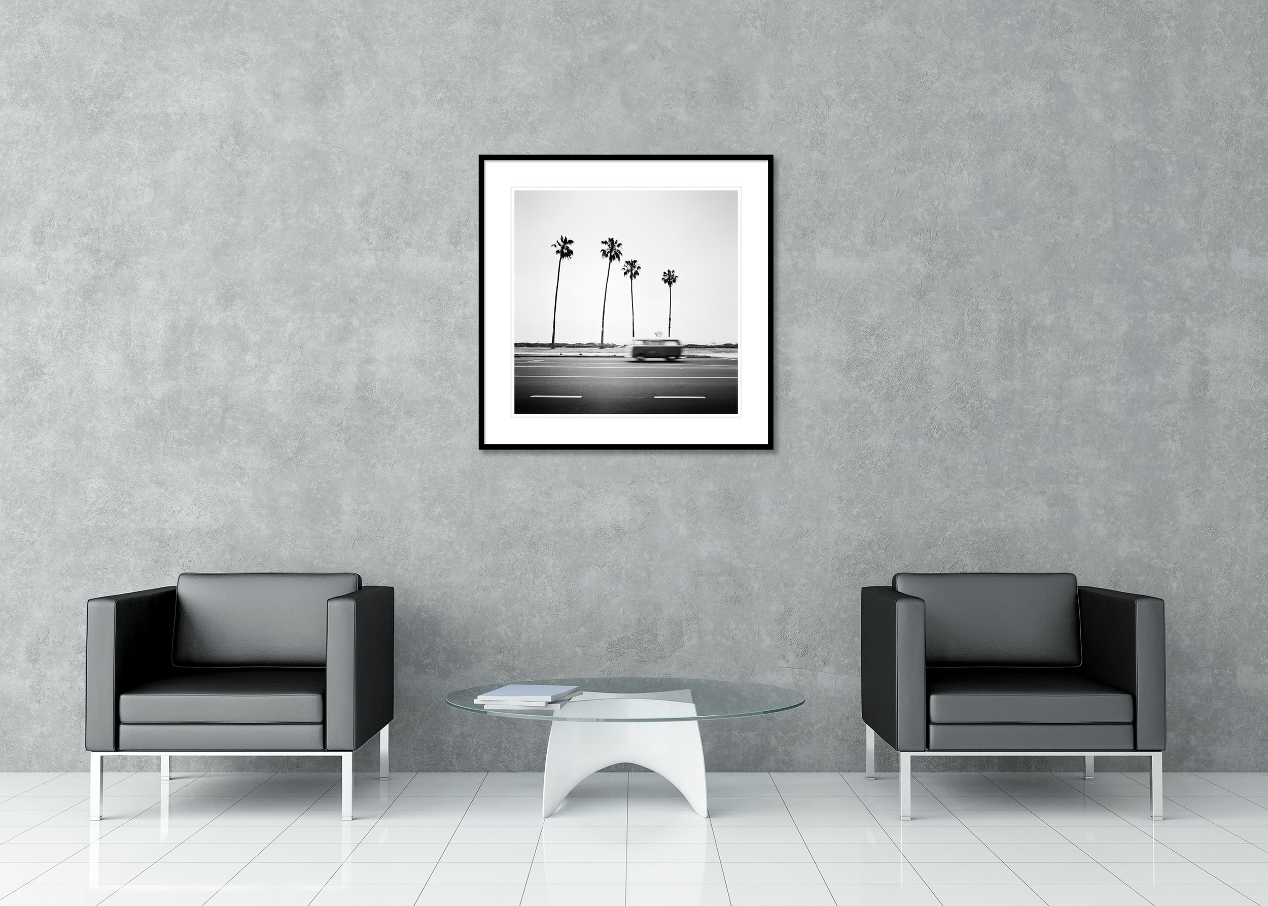 VW Bus T2 displayed as an archival pigment print in a black aluminium frame with a white mount by Gerald Berghammer.