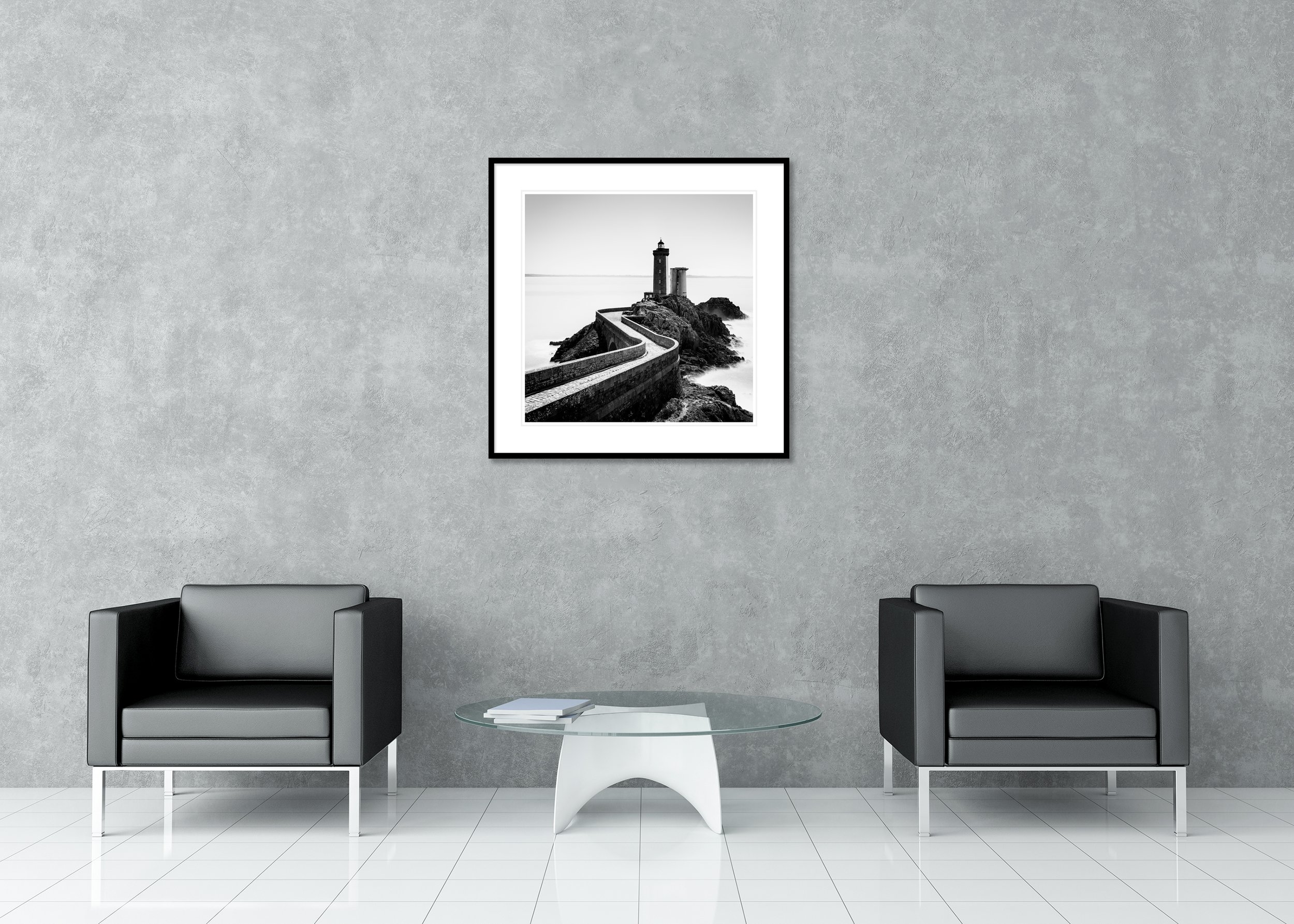 Petit Minou Lighthouse Study 1 displayed in a modern interior as an archival pigment print in a black aluminium frame with a white mount by Gerald Berghammer.