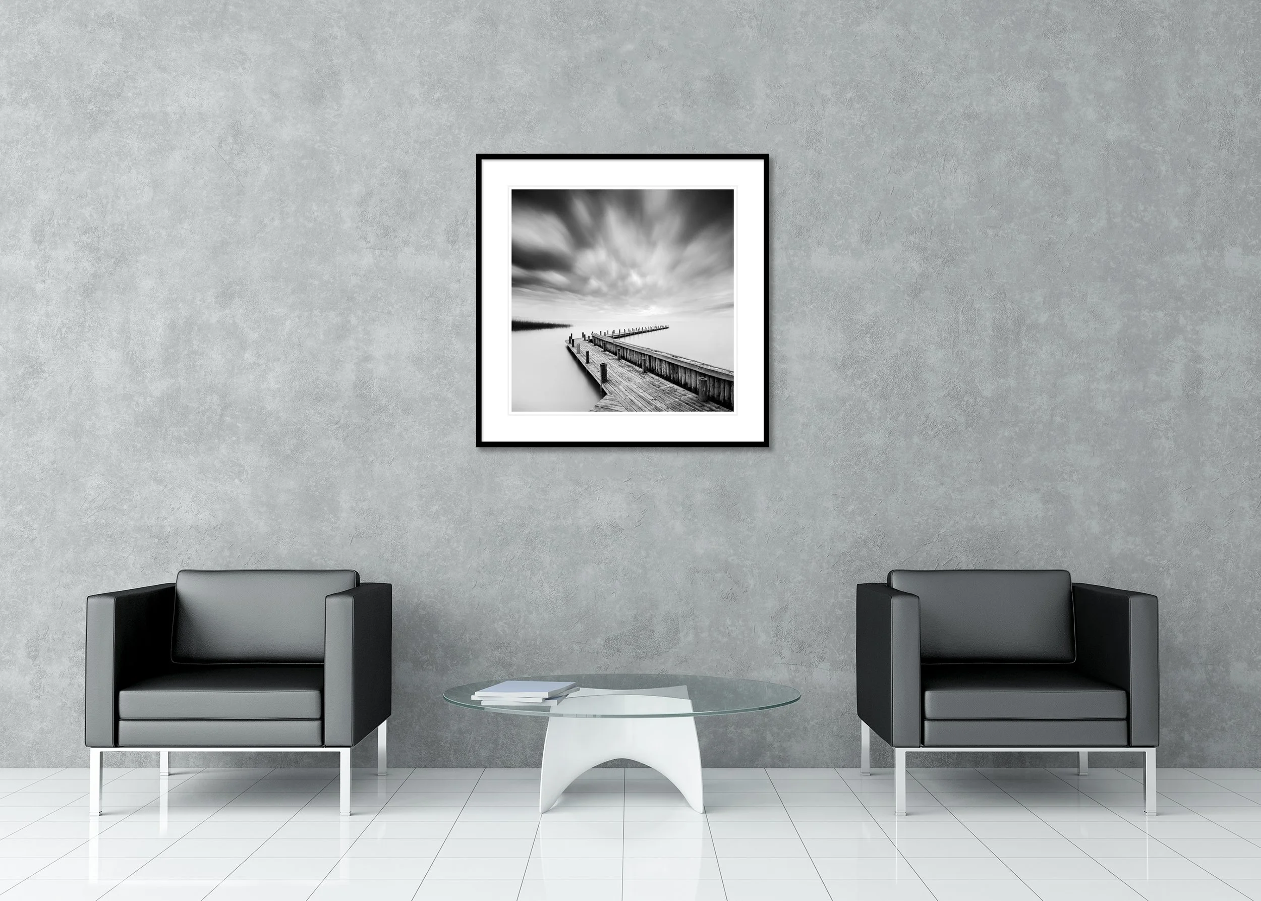 Wood Pier Study 1 displayed as an archival pigment print in a black aluminium frame with a white mount by Gerald Berghammer.
