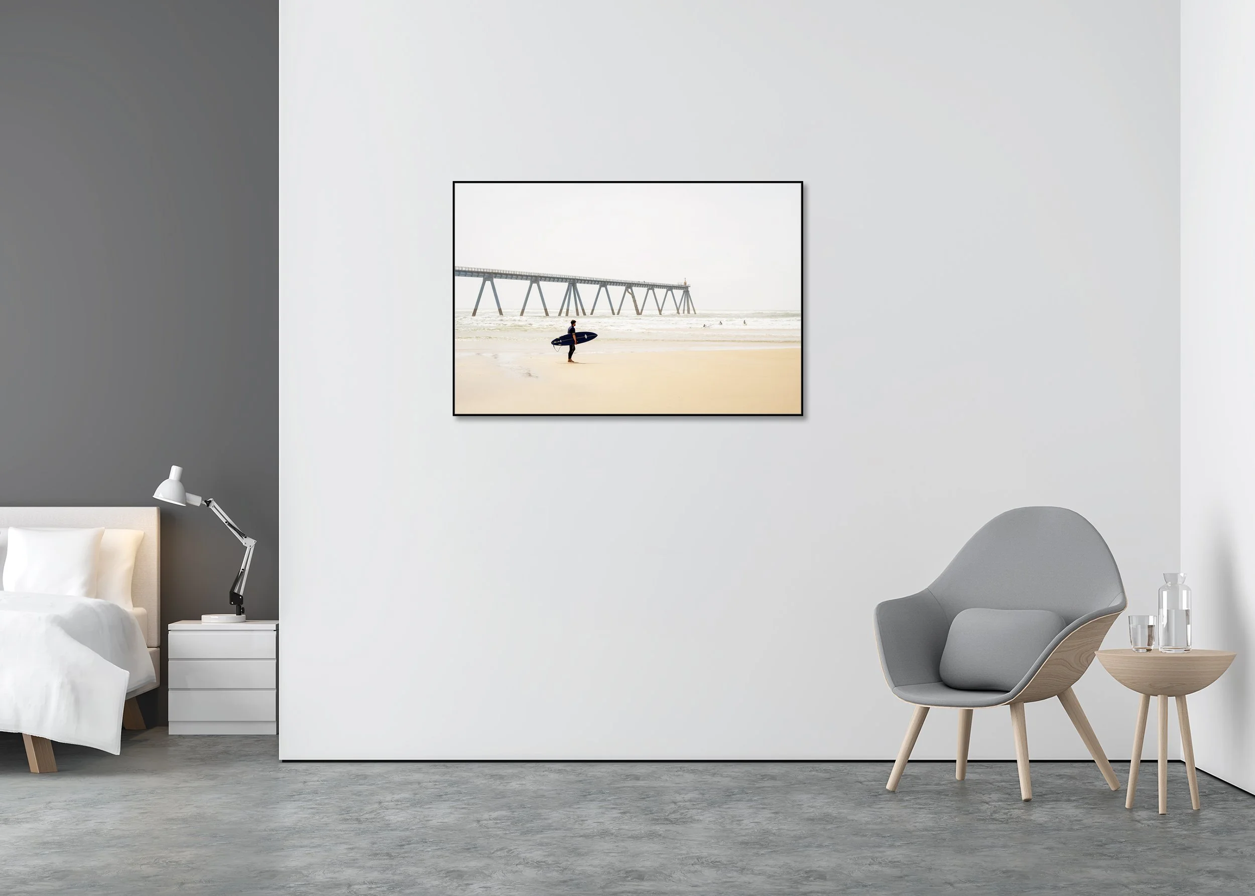 Wave Watcher Study 2 displayed in a modern interior as a colour Dibond print in a black aluminium ArtBox frame by Gerald Berghammer.