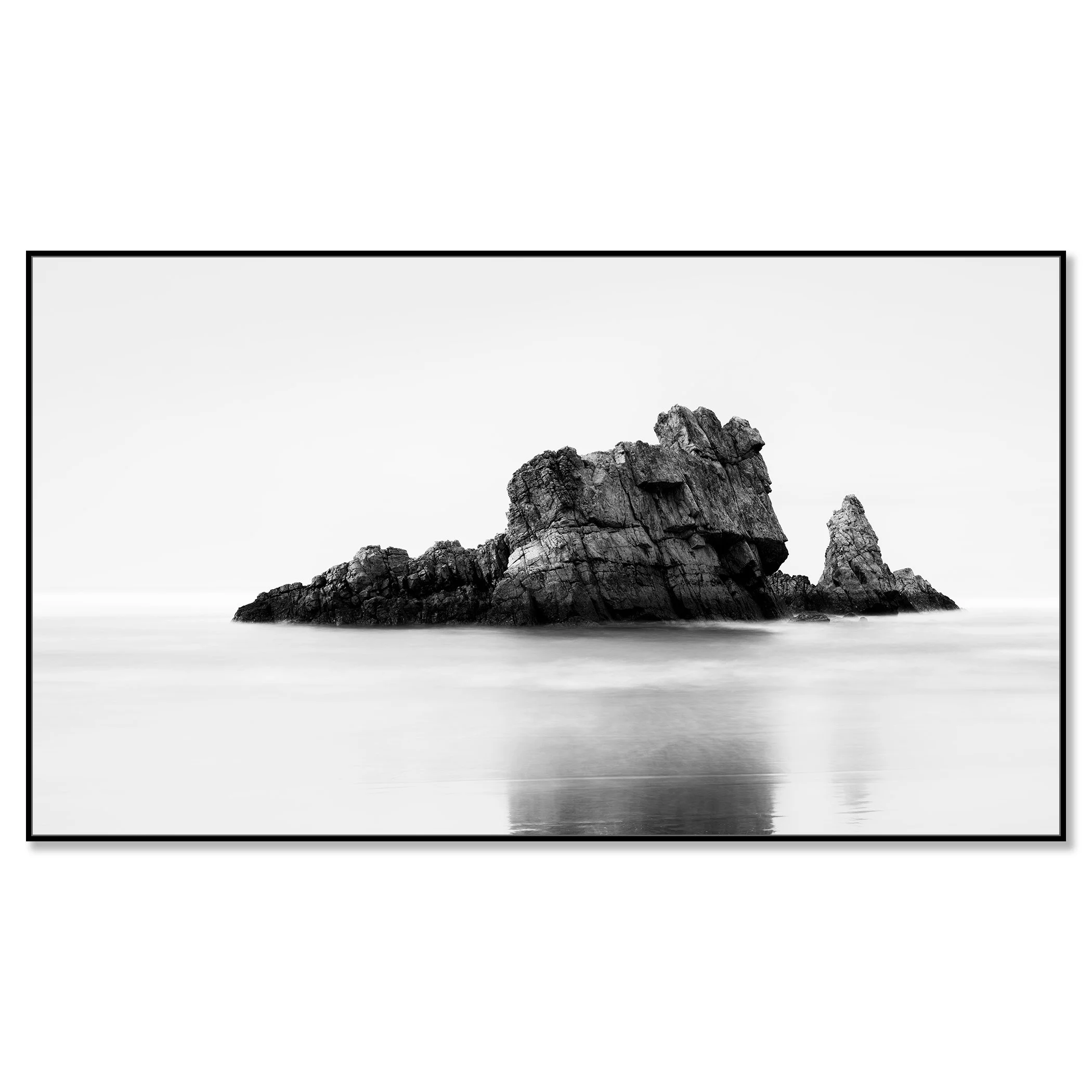 Rock on the Beach Panorama Study 1 on aluminium Dibond in a black ArtBox frame, featuring a rock formation in the Bay of Biscay, Spain.