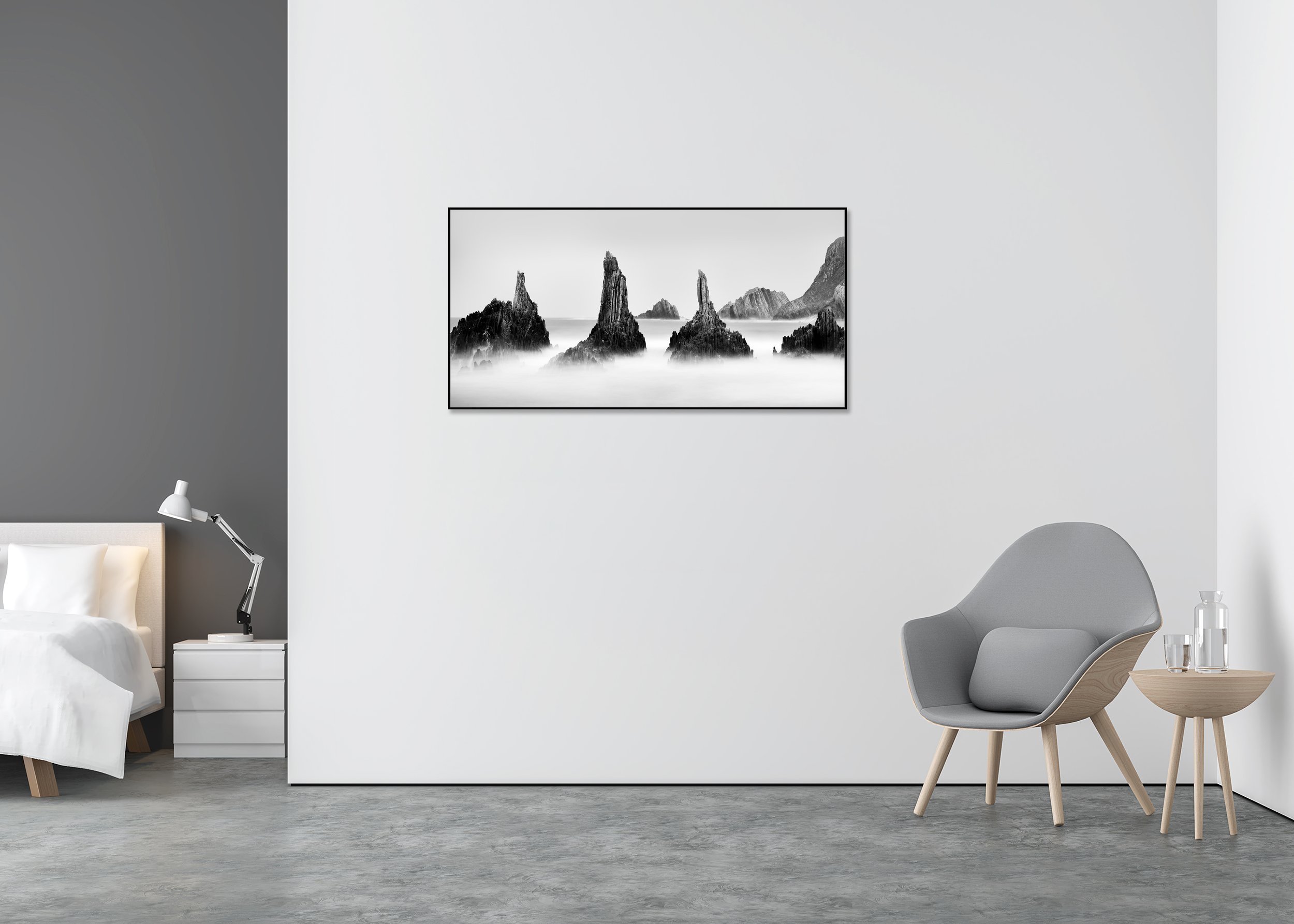 Rocky Peaks Panorama Study 5 – Spain displayed on a wall as a black-and-white Dibond print in an aluminium ArtBox frame.