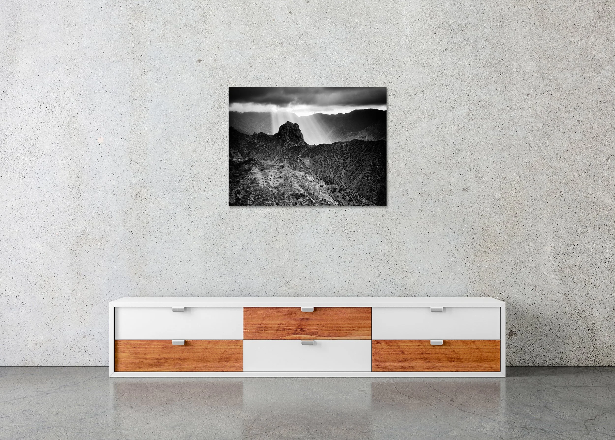 Here Comes the Sun Study 1 displayed in a modern interior as a frameless black-and-white artwork mounted on aluminium Dibond. Photo by Gerald Berghammer.