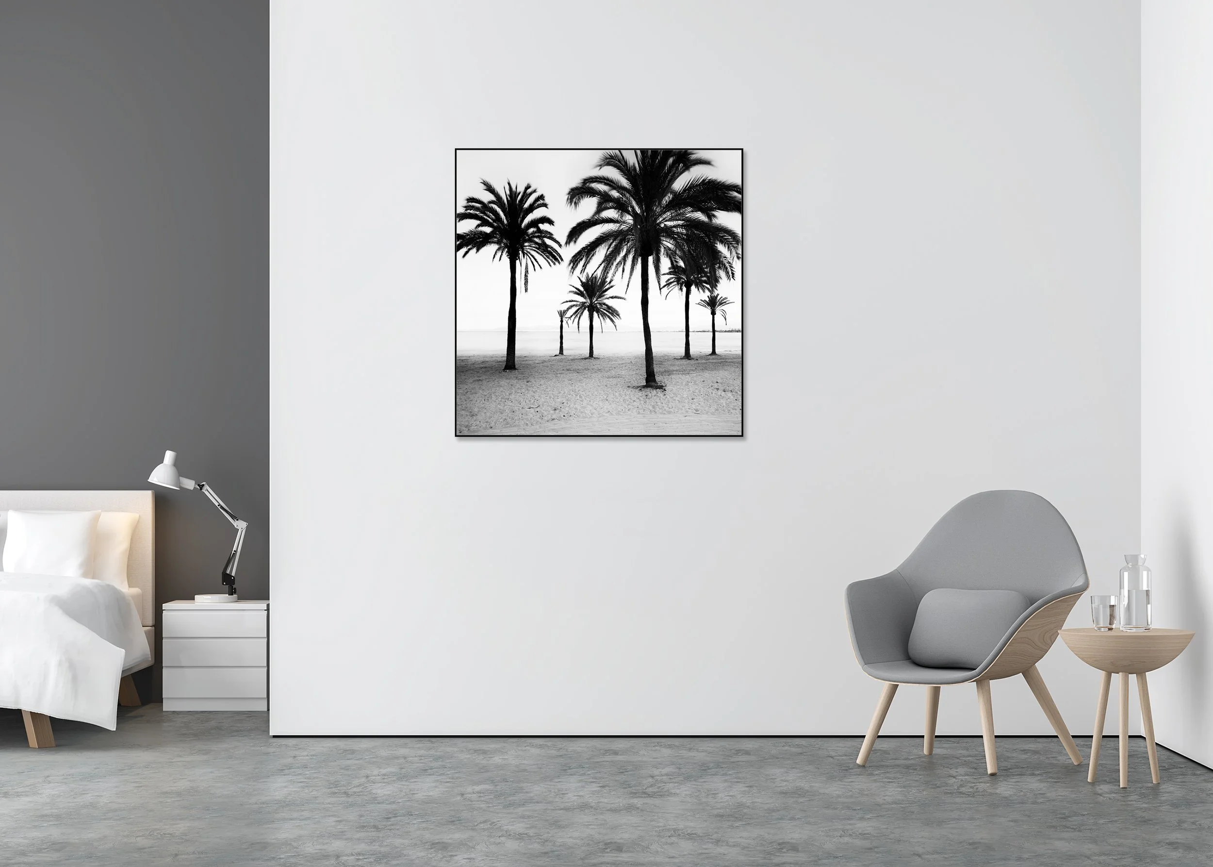 Black-and-white minimalist landscape of palm trees on a beach shoreline, ocean behind – ChromaLuxe metal print in aluminium ArtBox.