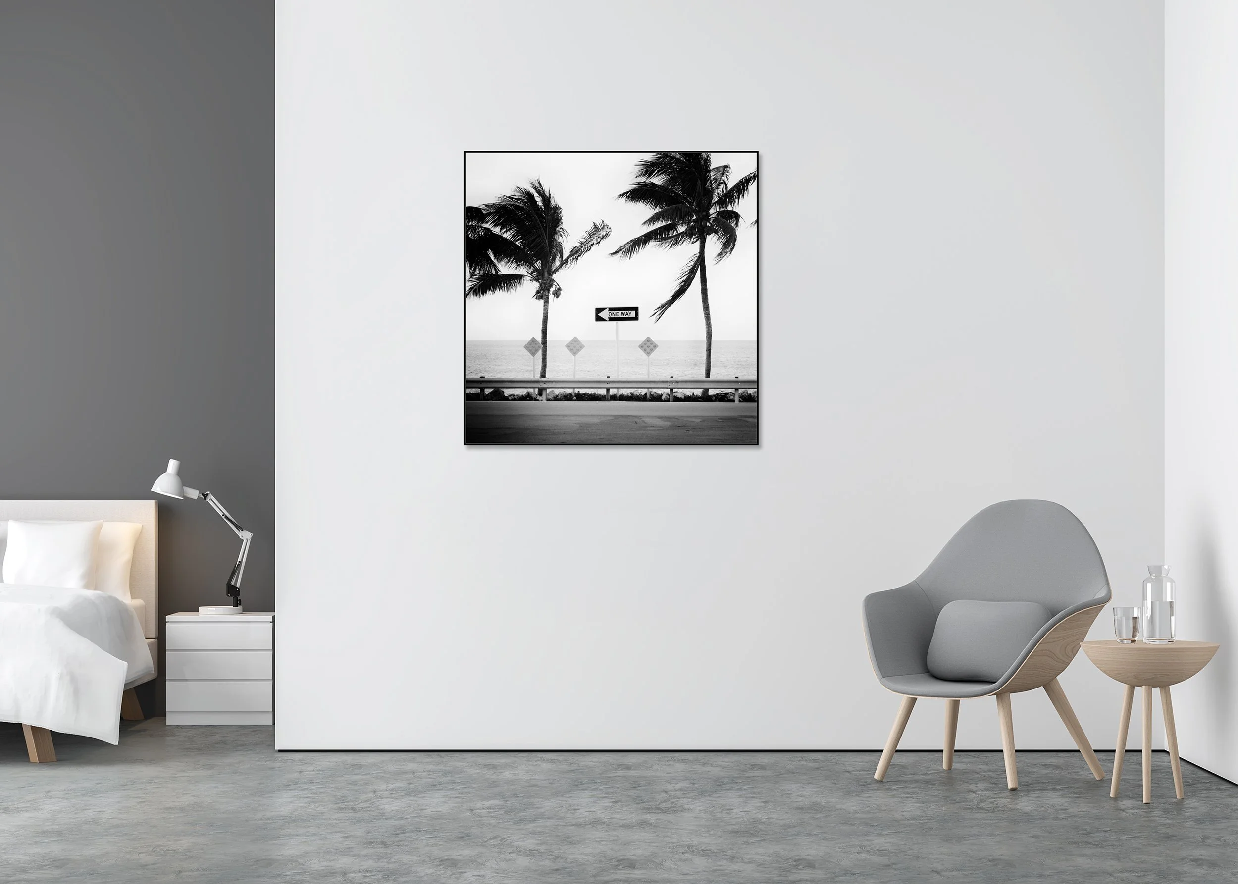 ONE WAY by Gerald Berghammer displayed as a black-and-white Dibond print in an aluminium ArtBox frame.