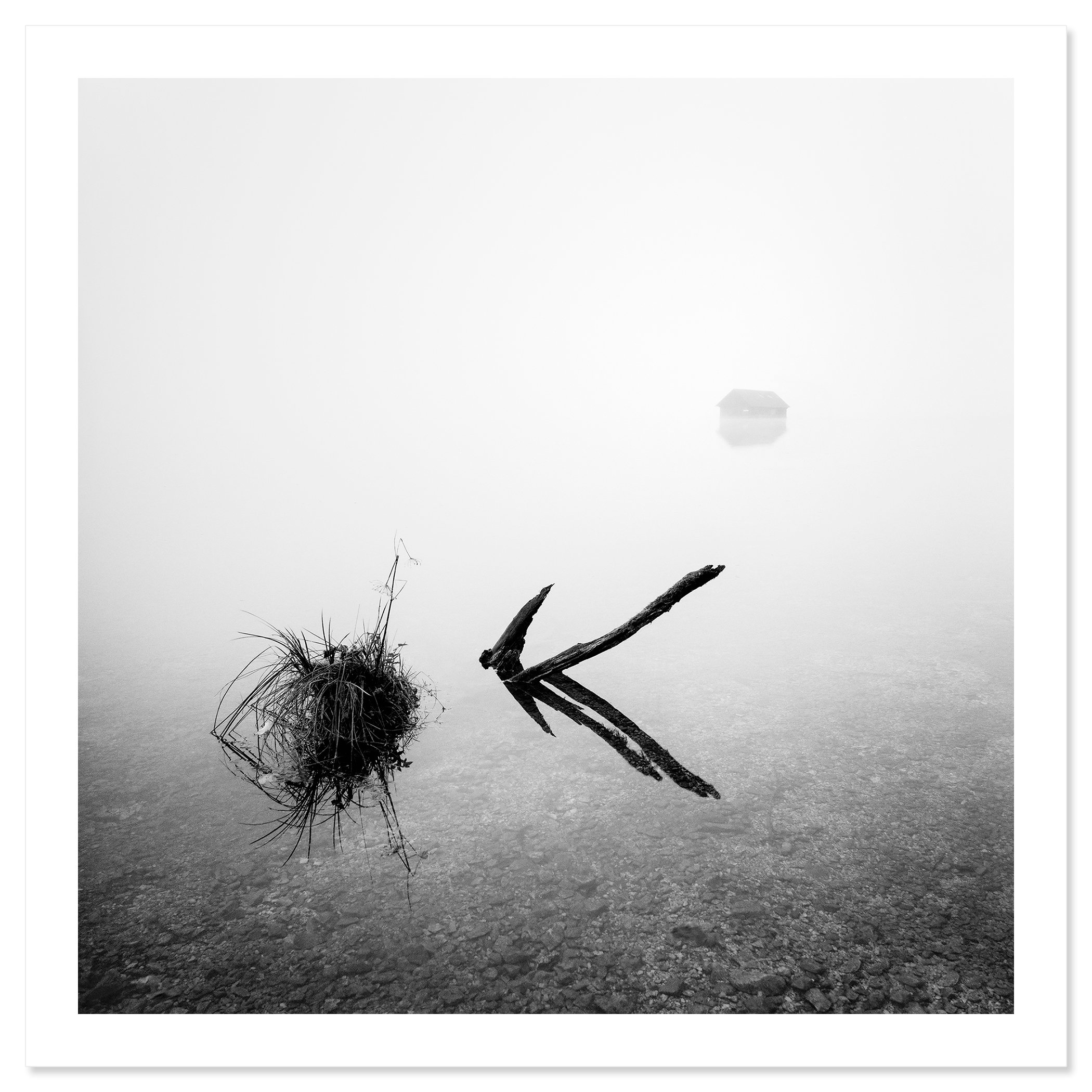 The Lake House at Lake Almsee, Austria, black-and-white fine art print with white border by Gerald Berghammer.