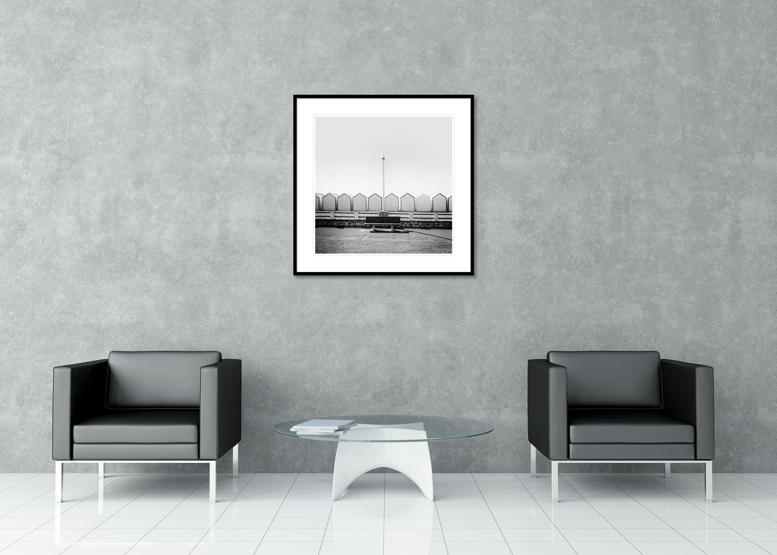 Bench on the Promenade Study 1 displayed as an archival pigment print in a black aluminium frame with a white mount by Gerald Berghammer.