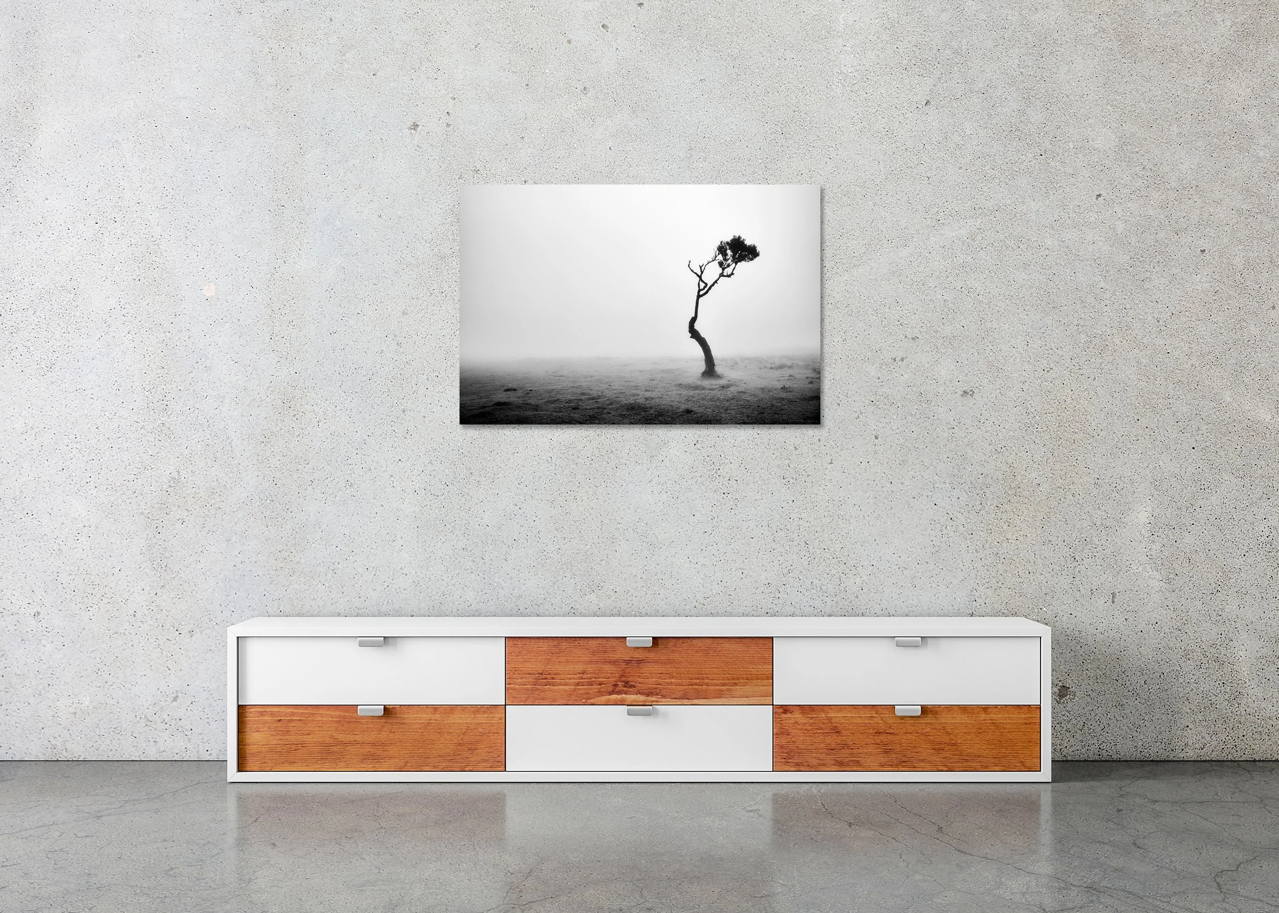 Lonely Tree in the Fog displayed in a modern interior as a frameless black-and-white artwork mounted on aluminium Dibond by Gerald Berghammer.